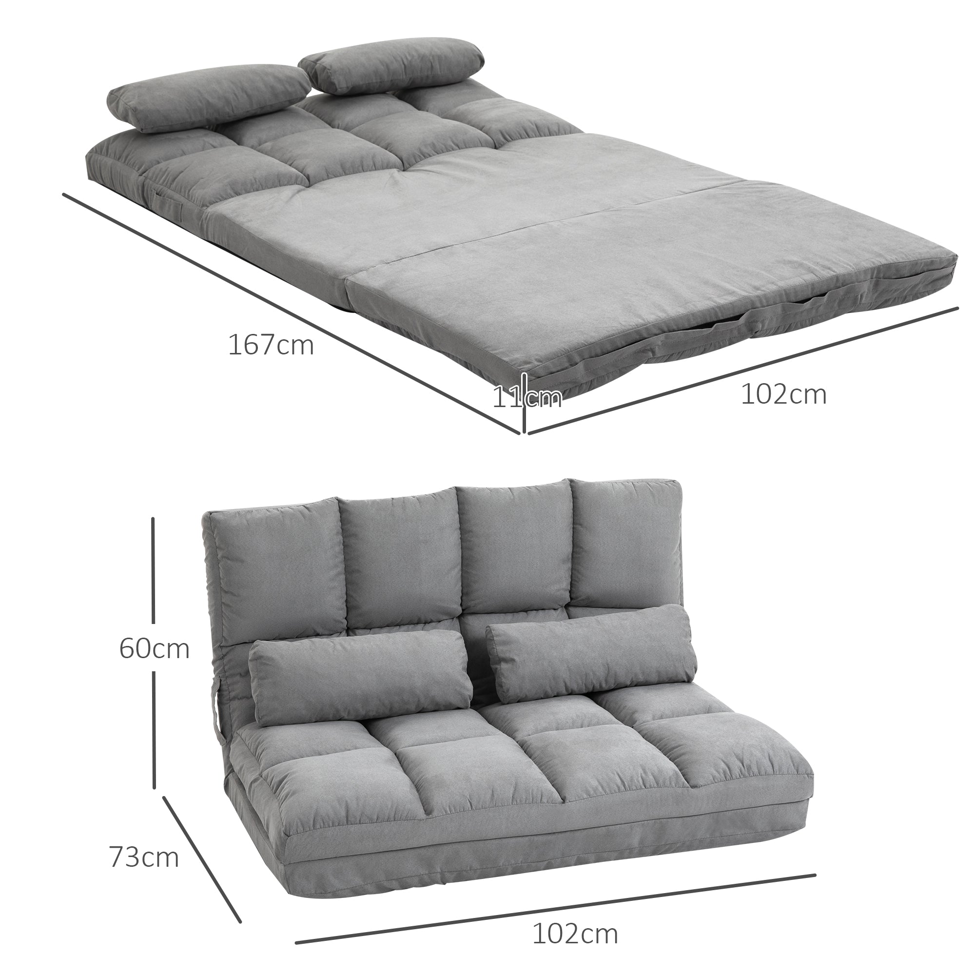 HOMCOM Bodenstuhl 2-in-1 Bodensessel Bett mit Rückenlehne 3 Positionen Verstellbare Sitzkissen Grau Samt Metall 102 x 73 x 60 cm