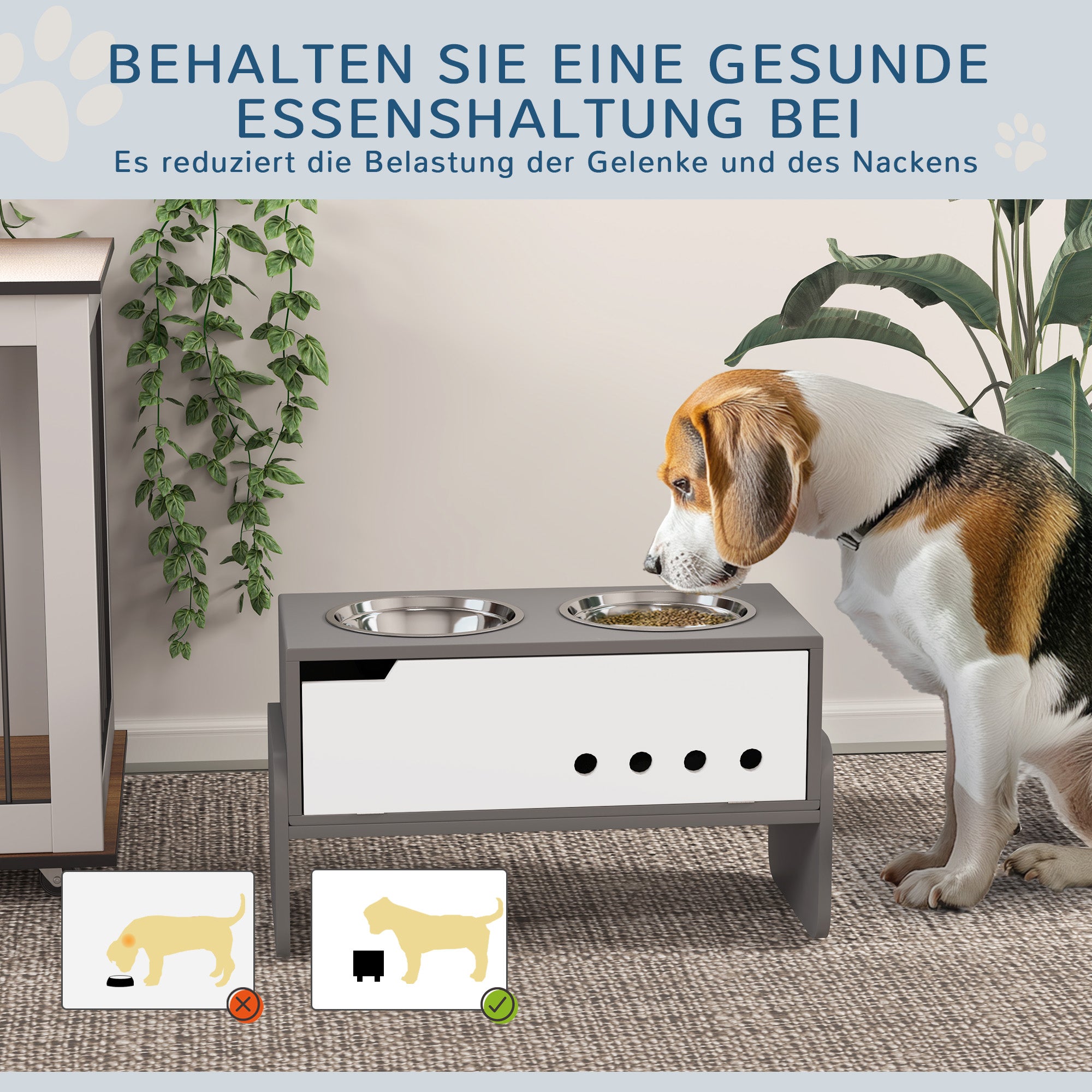 PawHut Erhöhte Fütterungsstation für Hunde, mit Stauraum und Anti-Schling-Matte, 2 x 2000 ml Edelstahlnapf, Grau