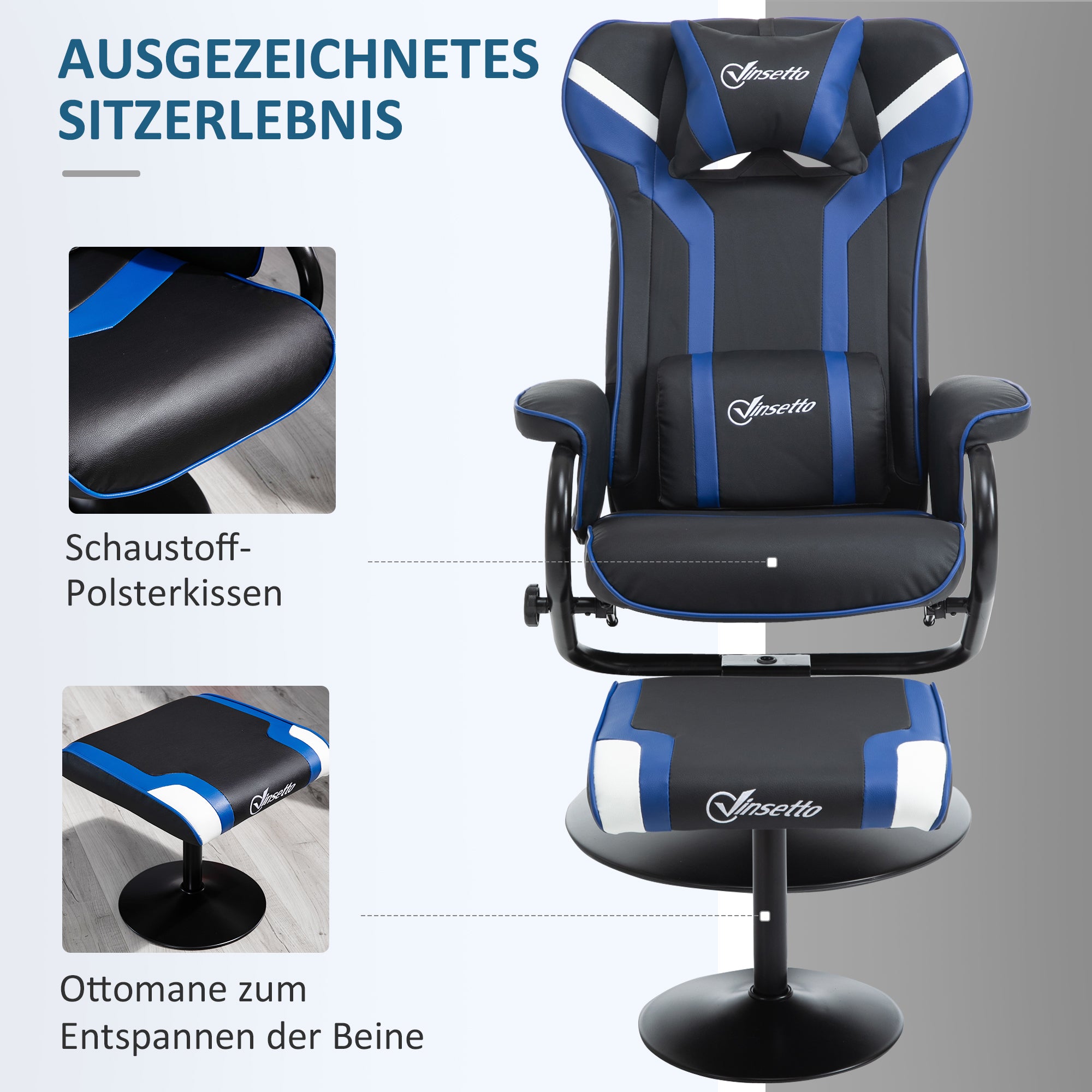 Vinsetto Relaxsessel mit Fußhocker, inkl. Kopfstütze und Lendenkissen, bis 130° verstellbare Rückenlehne, Dunkelgrau + Blau