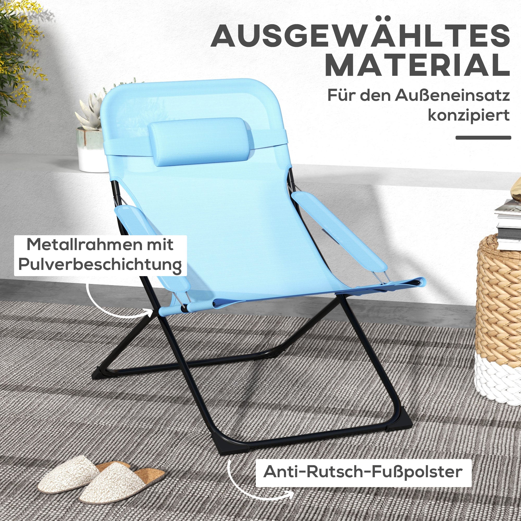 Outsunny Klappstuhl, 4-stufig verstellbar, atmungsaktiv, Metallgestell, 69 x 91 x 96 cm, Schwarz/Blau