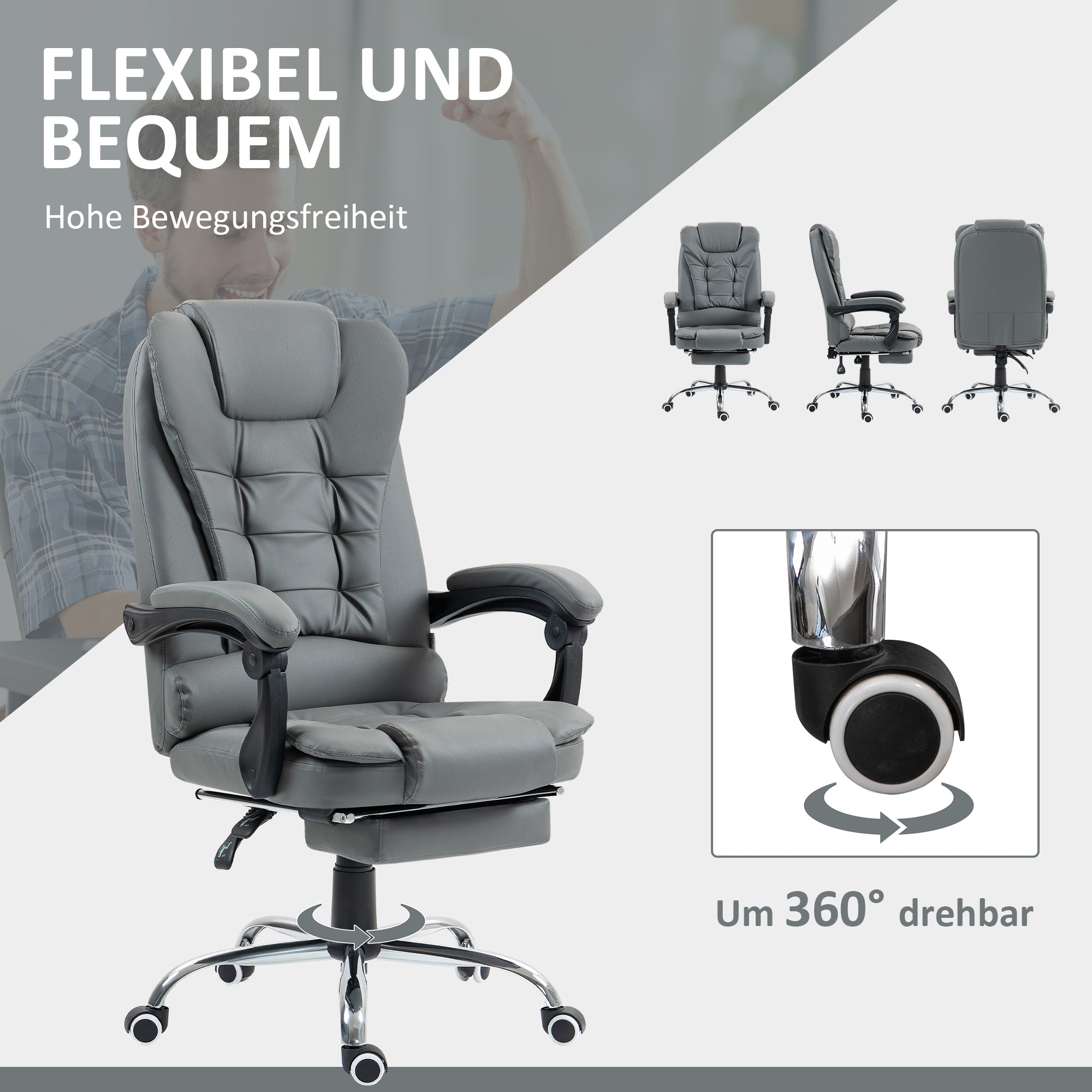 HOMCOM Bürostuhl mit Fußstütze, Schreibtischstuhl, verstellbare Rückenlehne, höhenverstellbar, Grau+Schwarz+Silber