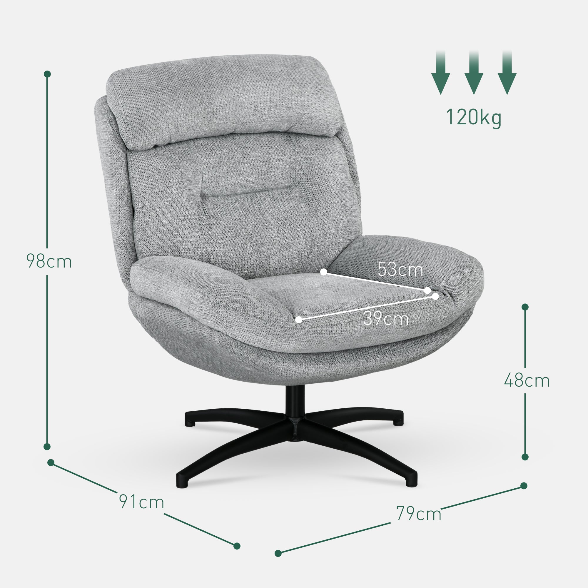 HOMCOM Drehsessel, 360-Grad-Drehung, Chenille-Stoff, integrierte Armlehnen, Stahlbeine, Grau, Schwarz
