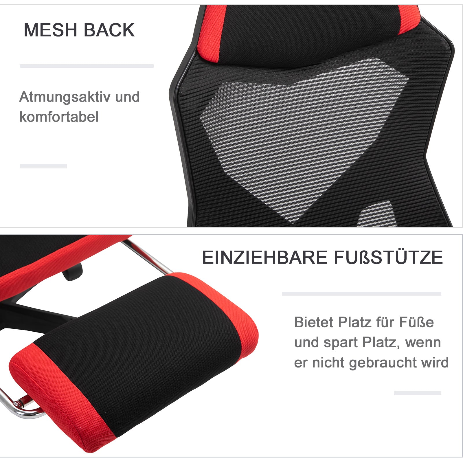 Vinsetto Ergonomischer Bürostuhl, Gaming Stuhl, Drehstuhl mit Fußstütze, PC Stuhl, Chefsessel,  höhenverstellbar, Polyester, Schwarz+Rot,58 x 63 x 112-122 cm