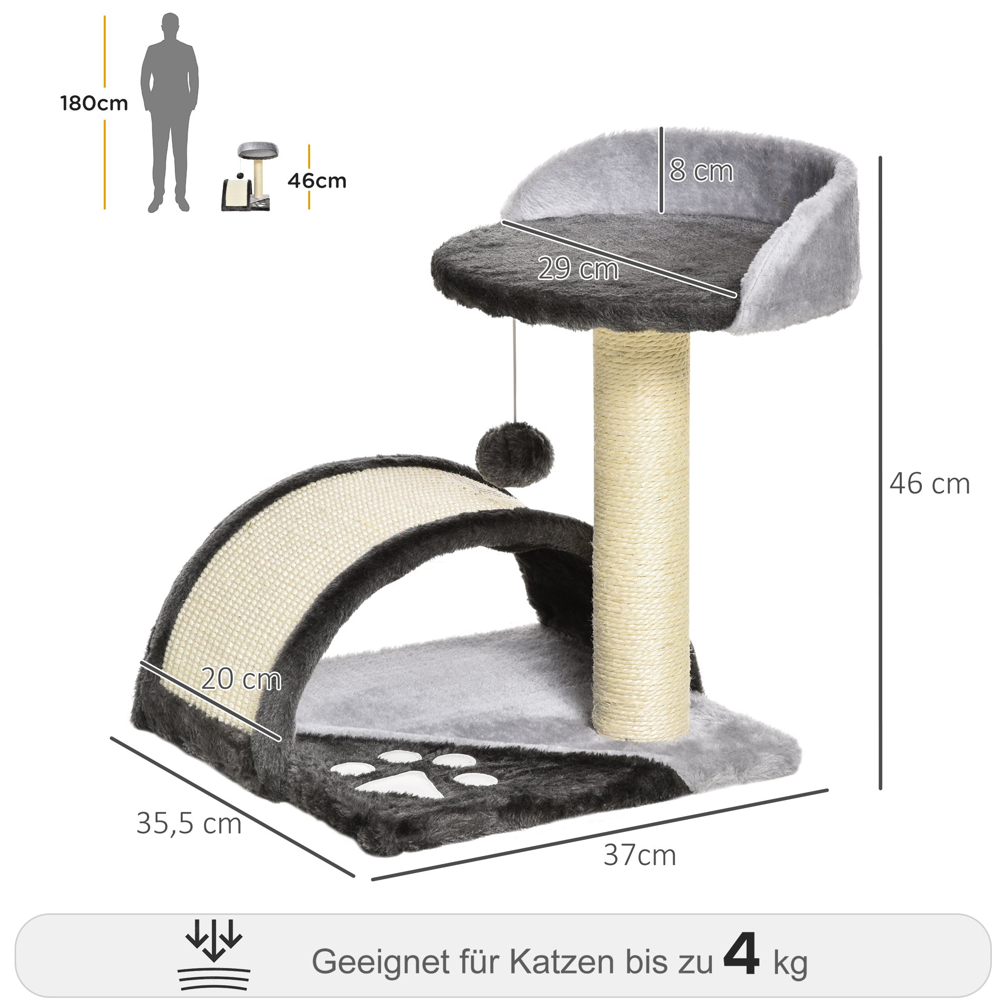 PawHut Kratzbaum Katzenbaum mit Spielbällen Katzenkratzbaum Sisalseil-Kratzstangen Grau 35,5 x 37 x 46 cm