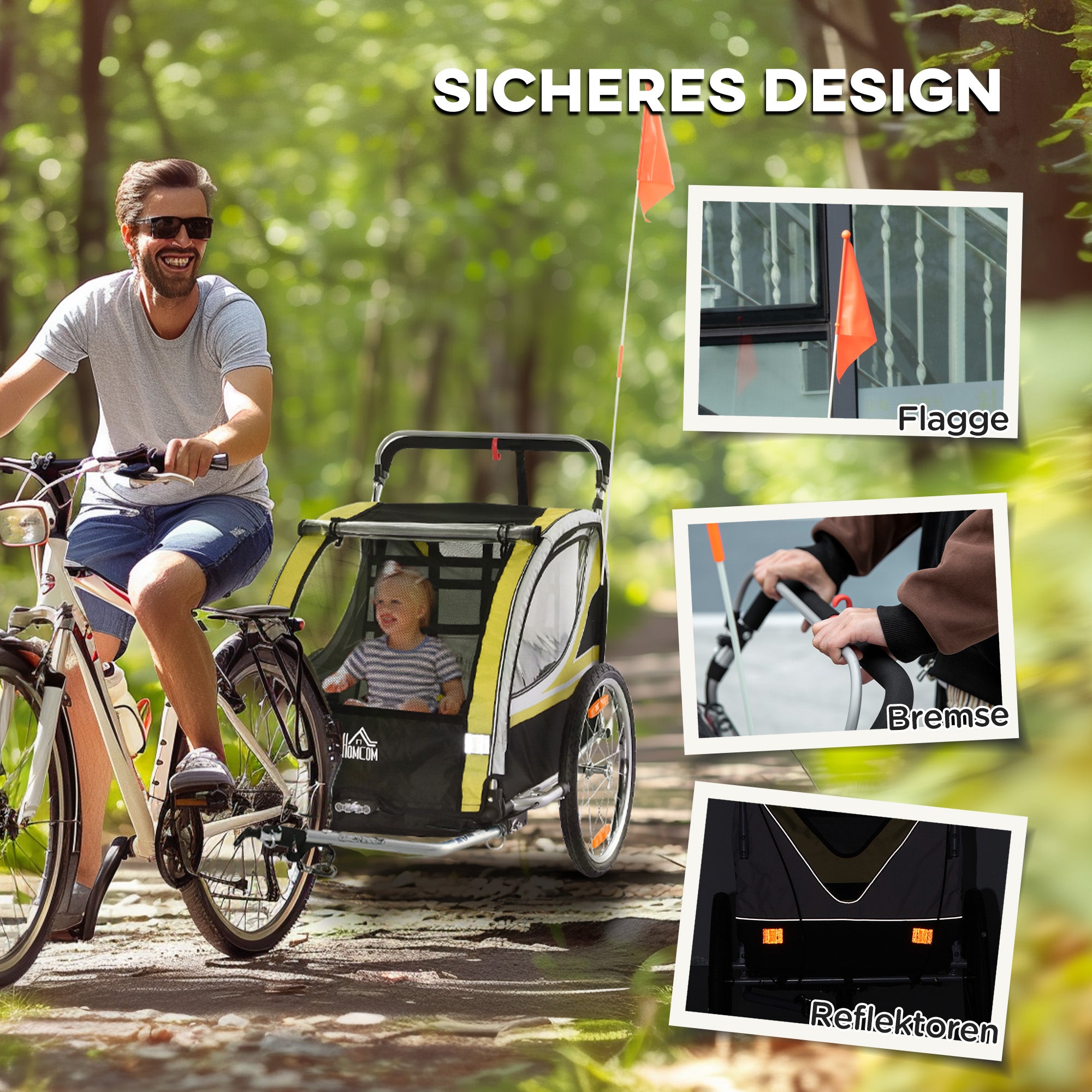 HOMCOM 2-in-1 Fahrradanhänger für 2 Kinder, Schiebefunktion, Regenschutz, Bremse, Gelb
