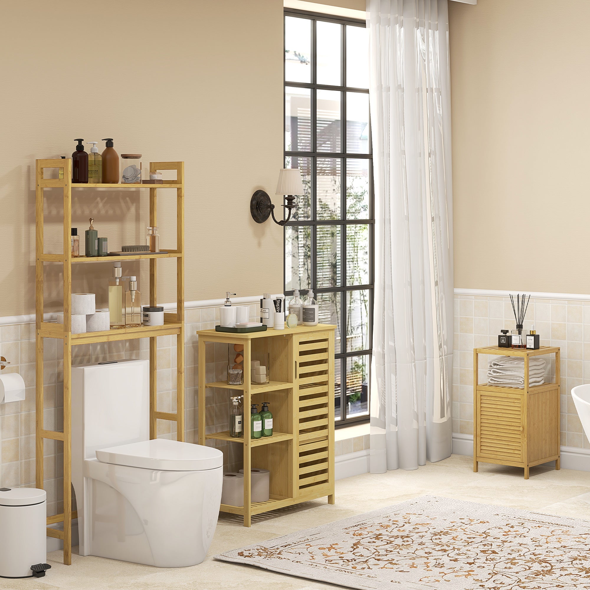 kleankin Badezimmerschrank aus Bambus, 3 Regale, 1 Schrank mit Lamellentüren, Natur