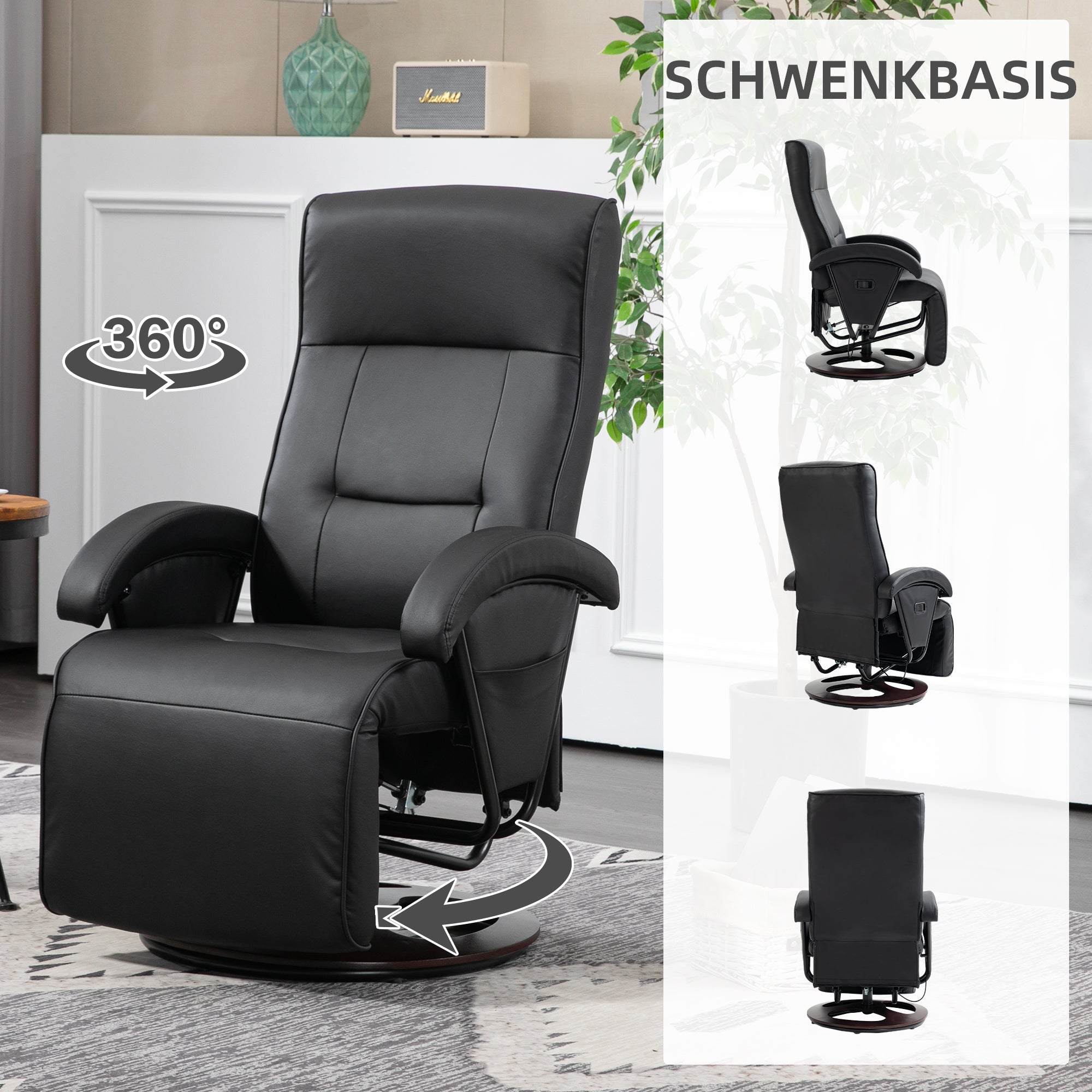HOMCOM Drehbarer Polsterstuhl, Kunstleder, Fußstütze, Holzbasis, neigbar, Schwarz