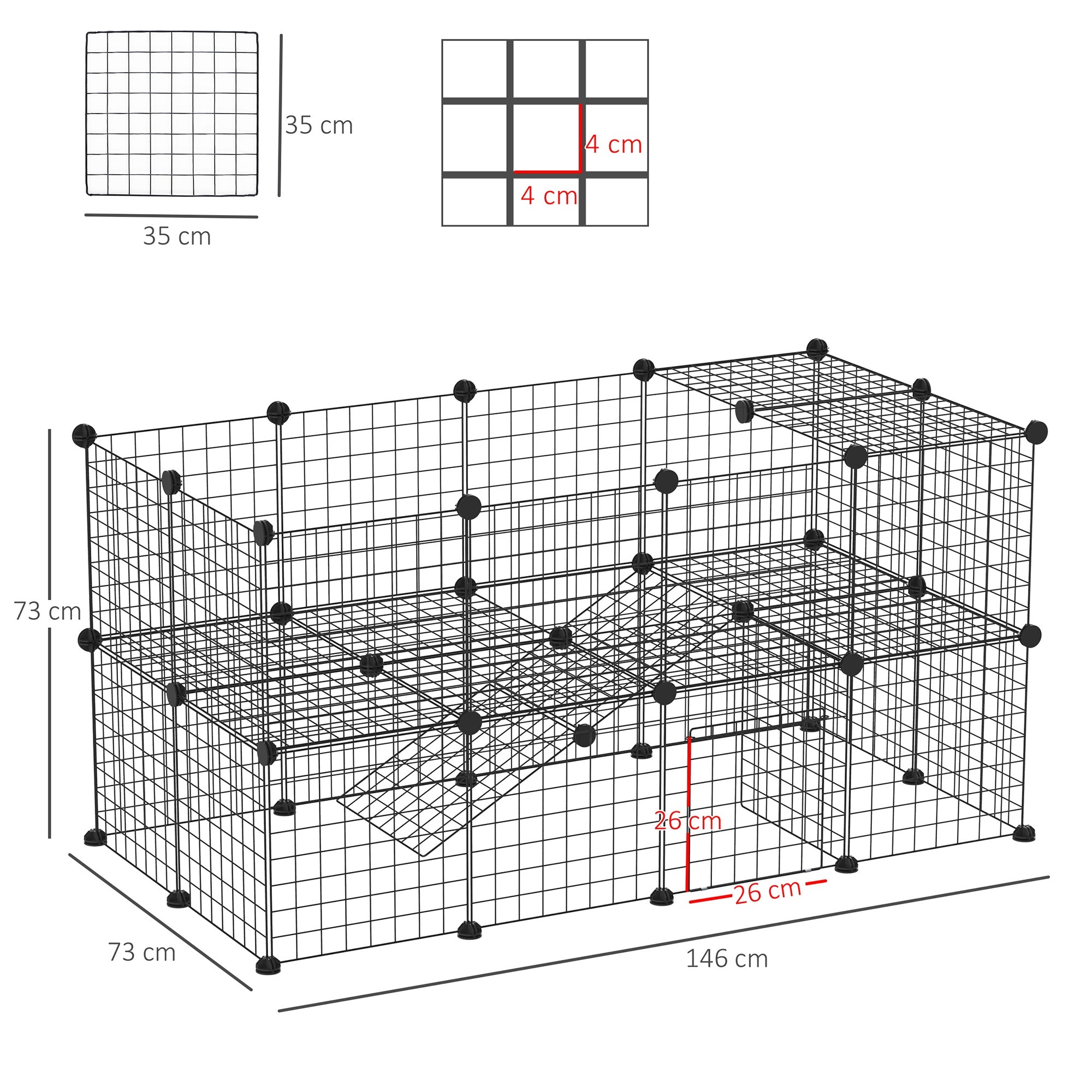 PawHut Freigehege Laufgitter DIY Welpenlaufstall Gittergehege für Kleintier aus Metallgitter Absperrgitter Kleine Haustiere Laufstall für Innen 36 Platten Schwarz 146 x 73 x 73 cm