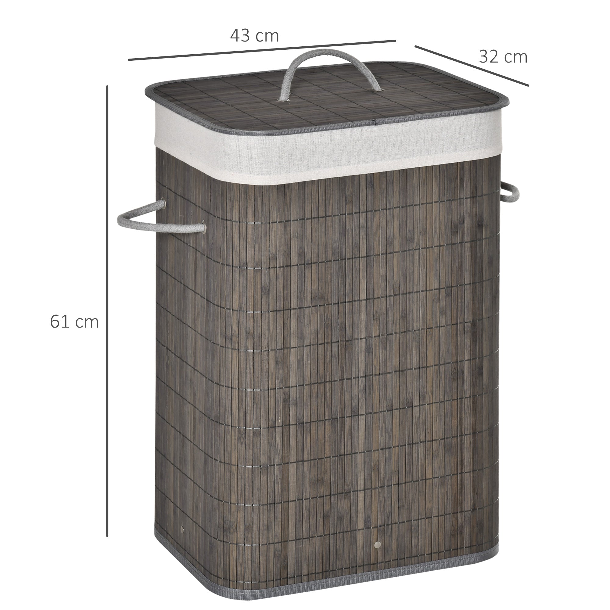 HOMCOM Wäschekorb mit Griffen und waschbarem Wäschesack, Rattan, Polyester, Baumwolle, Metall, 43L x 32B x 61H cm, Grau