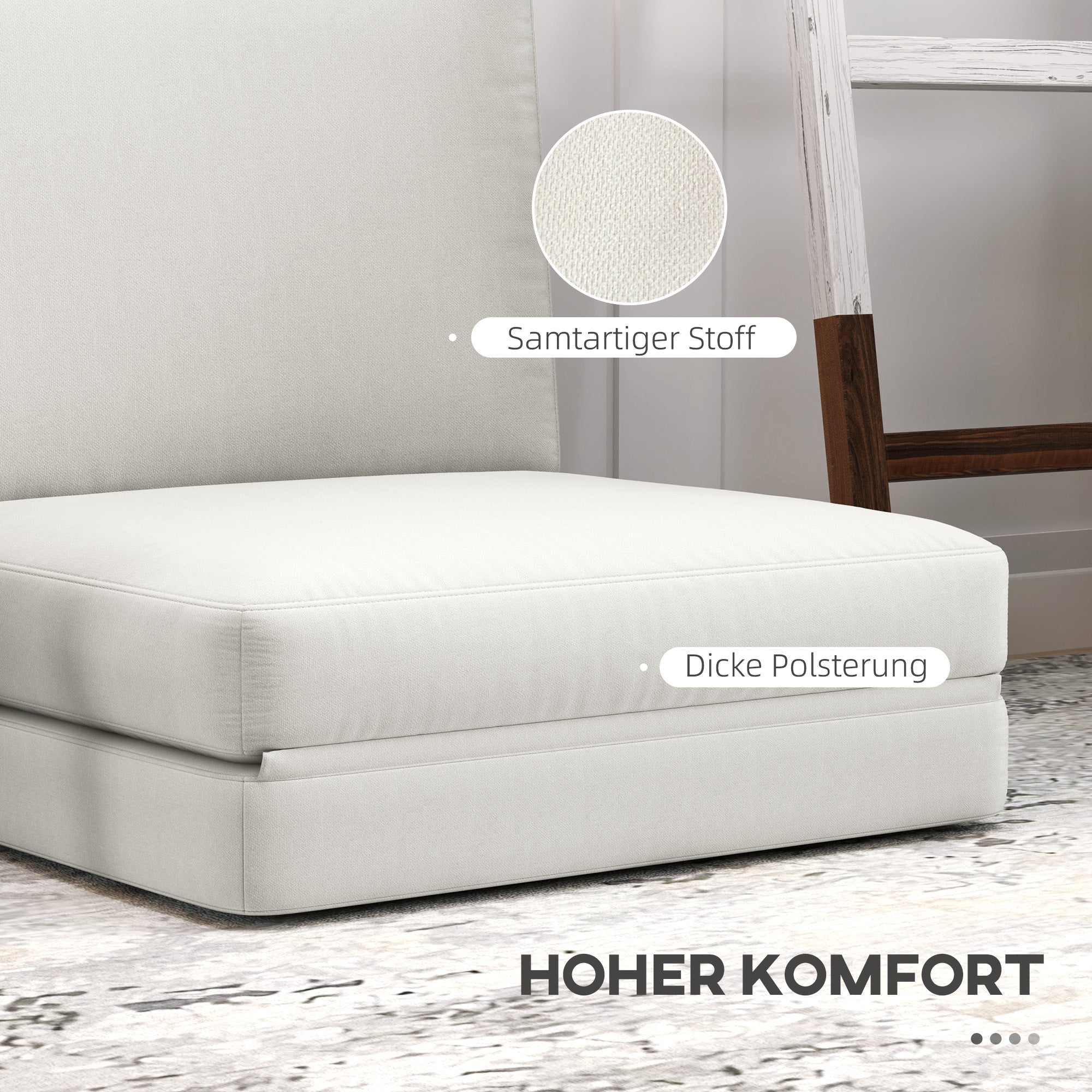 HOMCOM Faltbarer Bodensessel mit Kissen, wandelbares Polstersofa, Wohnzimmer, Gästezimmer, Büro, 75 x 268 x 18 cm, Cremeweiß