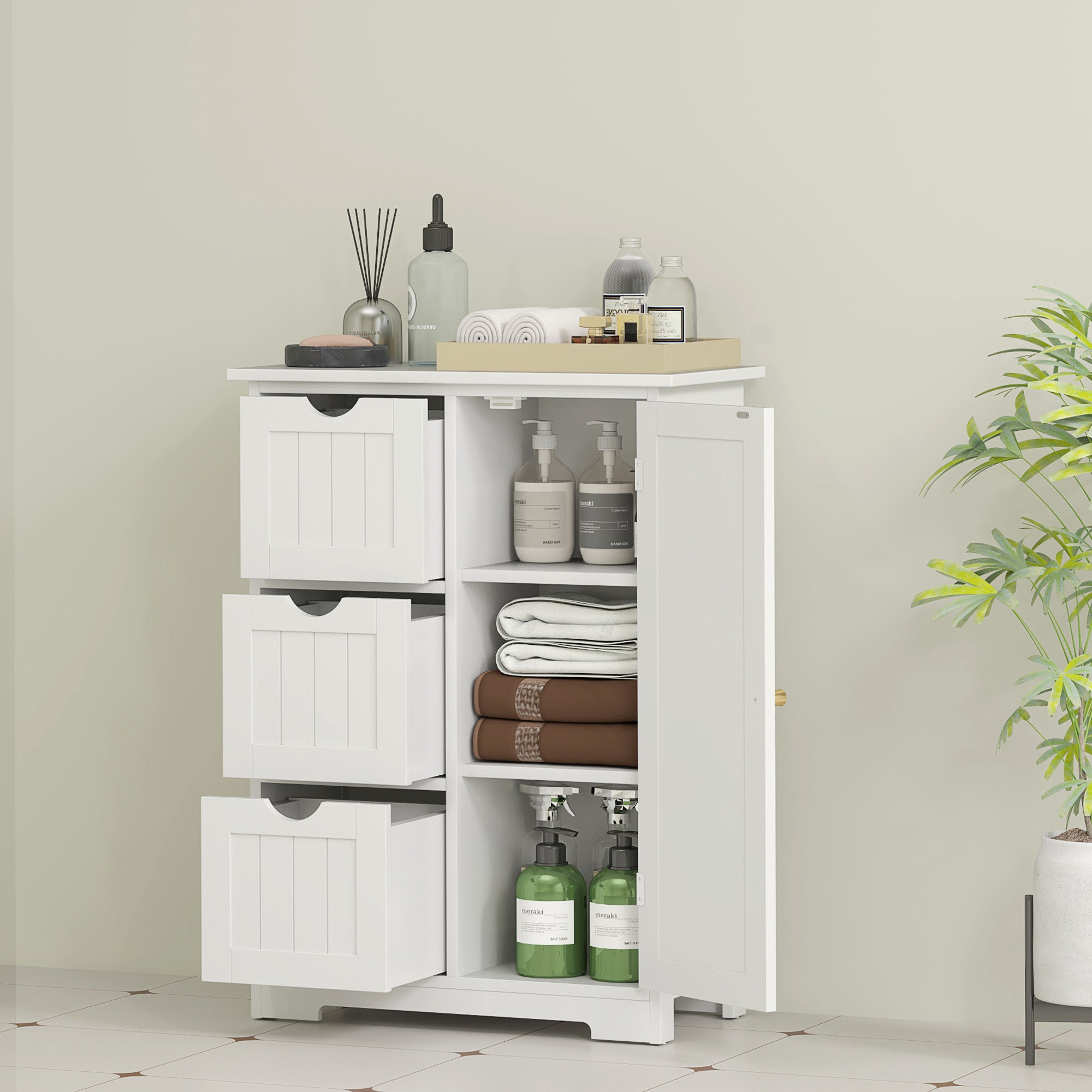HOMCOM Badezimmerschrank, Badkommode, 3 Schubladen, Regal, MDF, Weiß