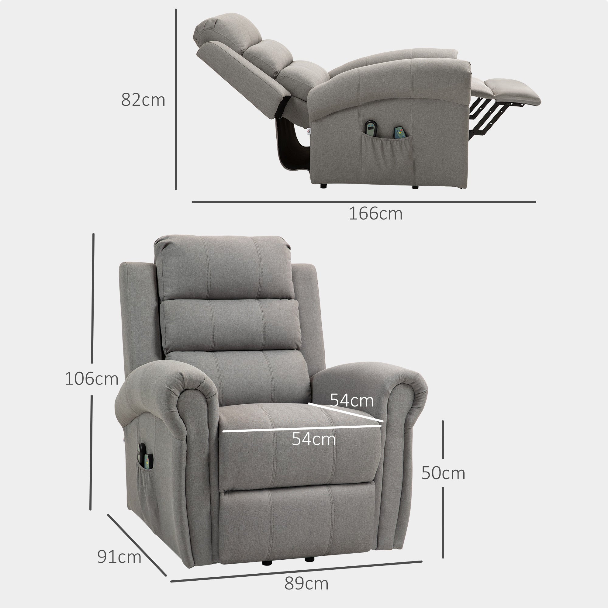 HOMCOM Relaxsessel mit Aufstehhilfe, 8 Massagepunkte, beheizbare Rückenlehne, Leinenoptik, Grau