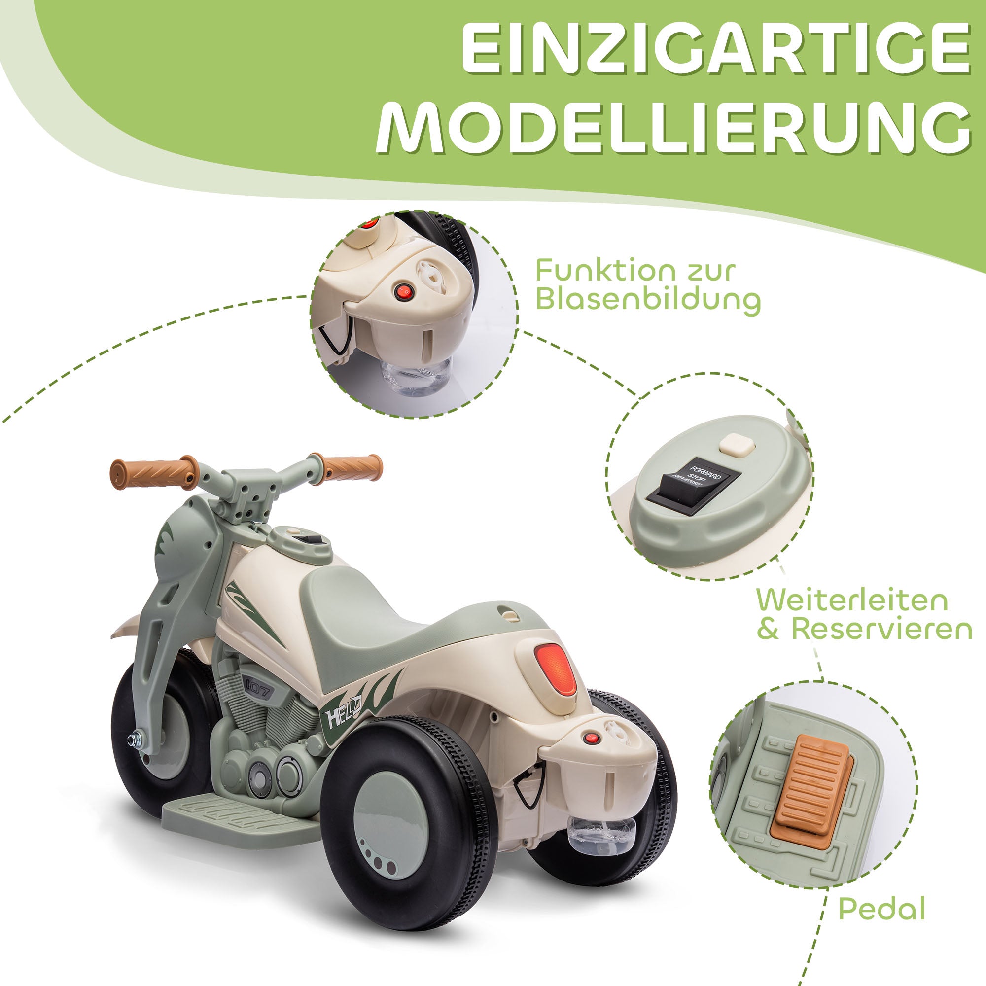 AIYAPLAY Kinder Elektro-Motorrad, 6V Kindermotorrad mit Musik, Blasen 2,5-3 km/h, für 2-5 Jahre Kinder