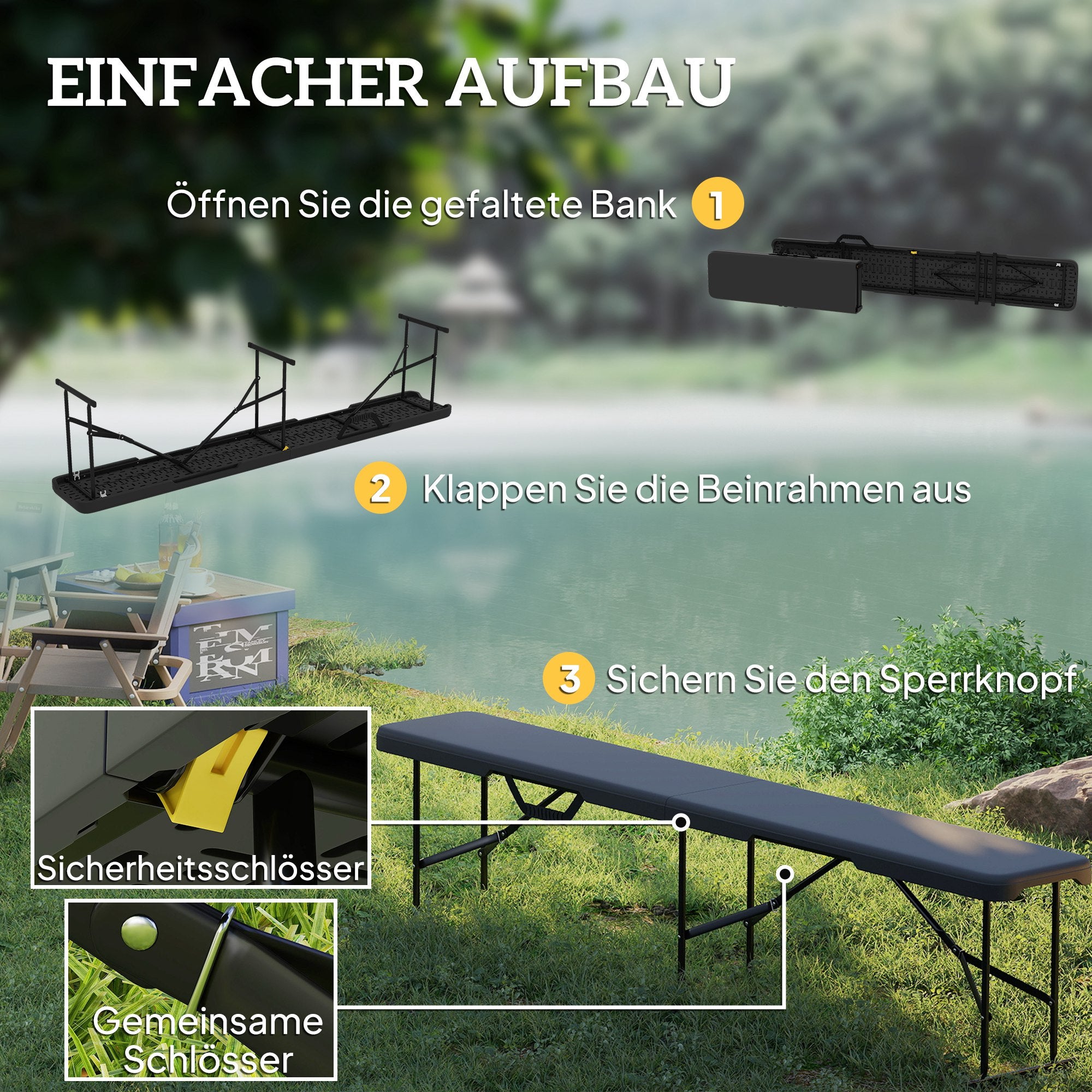 Outsunny Campingbank, Kunststoff-Outdoor-Bank, 240 kg Belastbarkeit, Schwarz