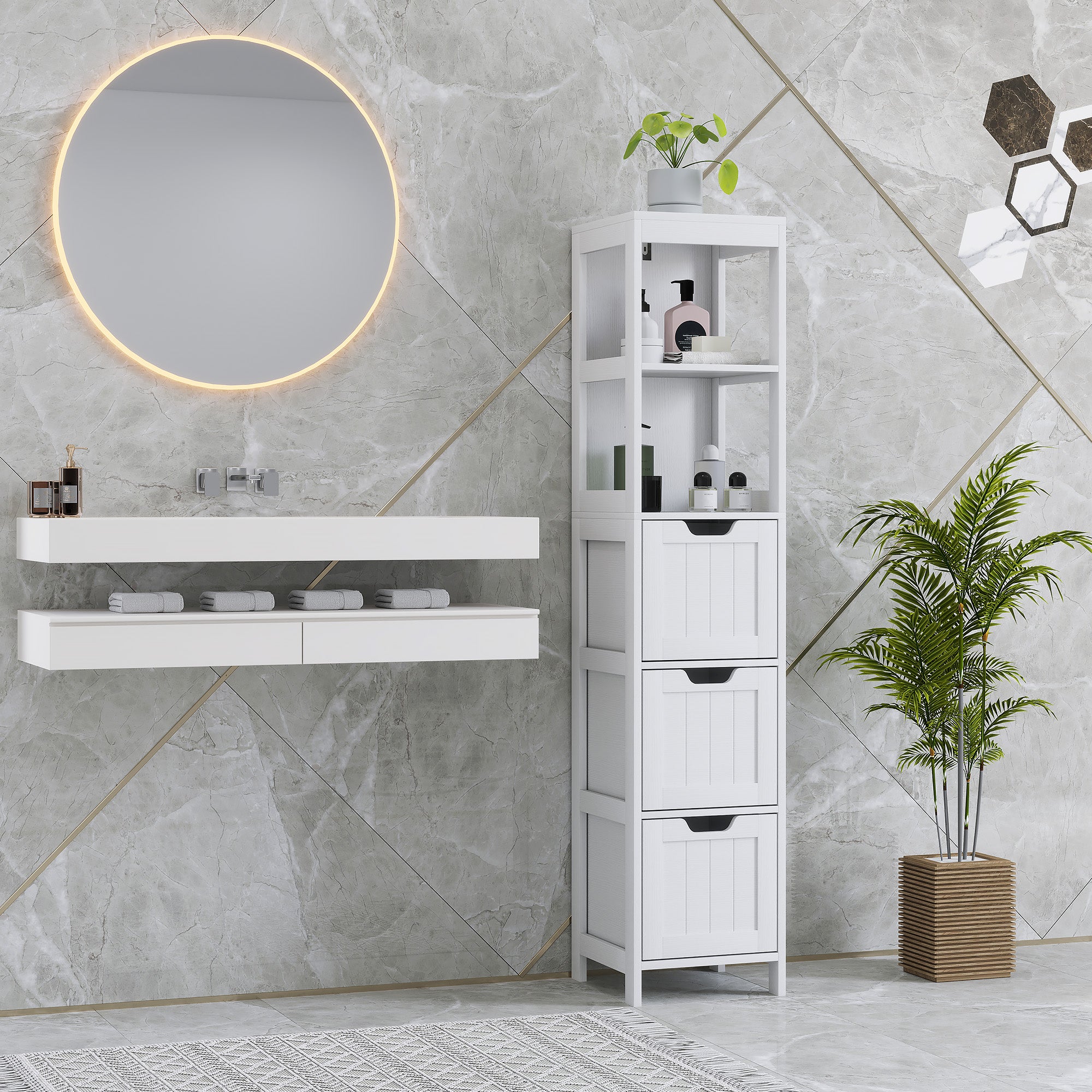 HOMCOM Badezimmerschrank, 2 Regale, 3 Schubladen, wasserabweisendes Material, Weiß