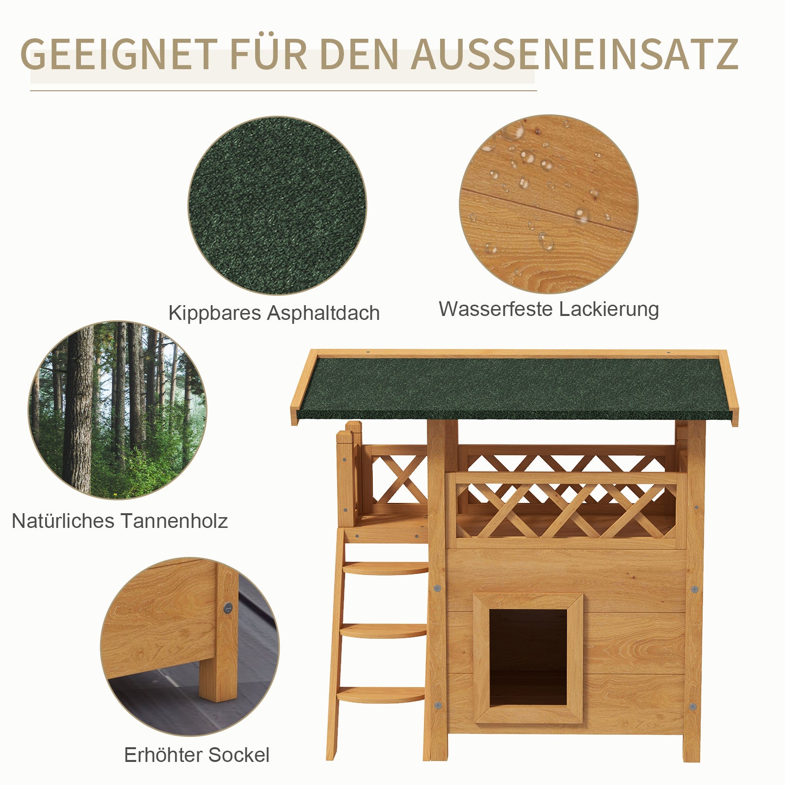 PawHut Katzenhaus Katzenhütte Haustierhütte, Asphaltdach, 2 Ebenen, 1 Leiter, Natur + Grün