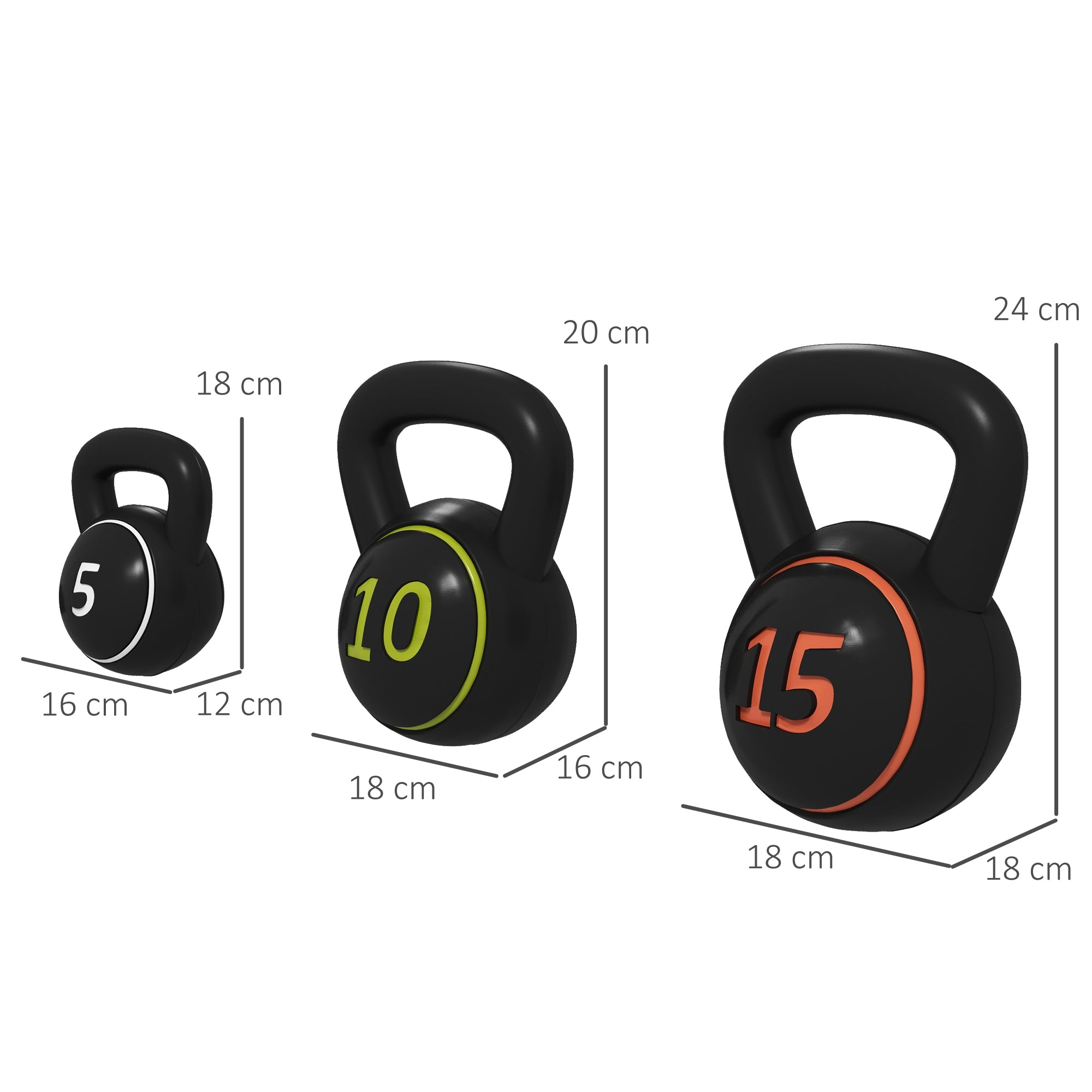 SPORTNOW Kettlebell Set, 3 Kugelhanteln 2,2kg/4,5kg/6,8kg, Kunststoffhülle, Schwarz