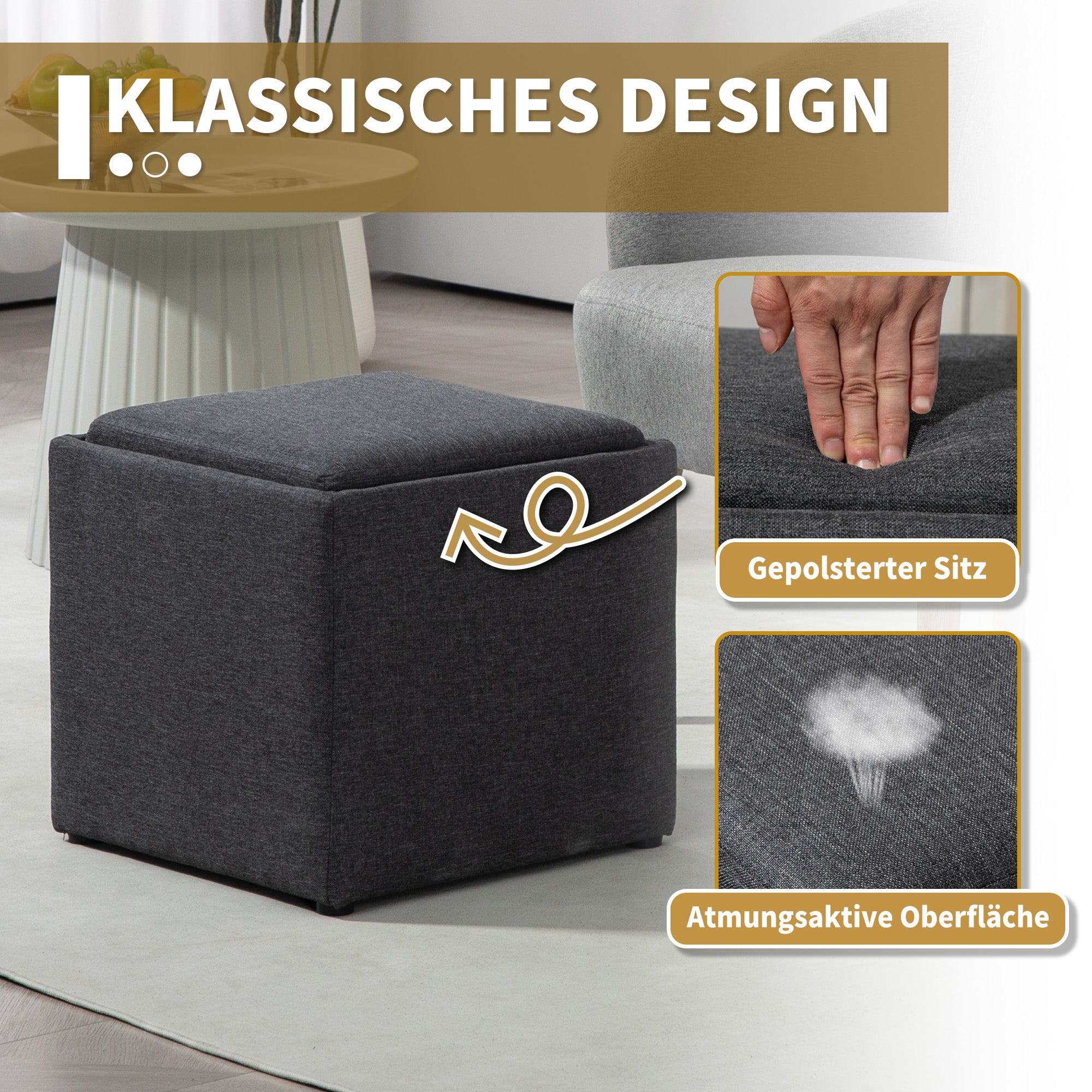 HOMCOM Sitzhocker mit Stauraum, Fußhocker, Polsterhocker, abnehmbarer Deckel, Bezug in Leinenoptik, 42 x 42 x 41 cm, Dunkelgrau