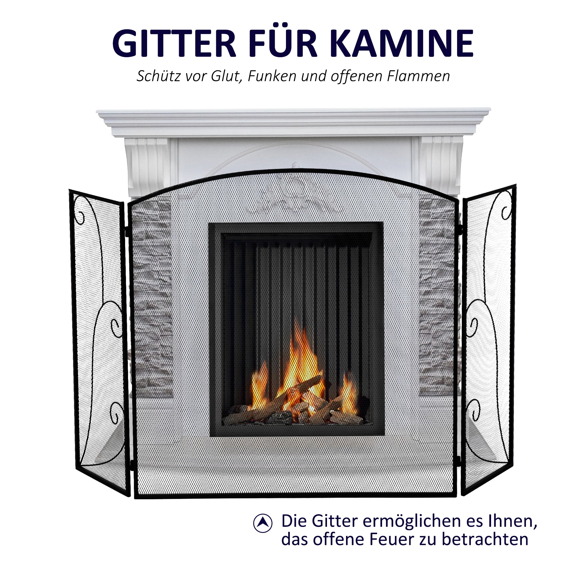 HOMCOM Funkenschutz für Kamine, 3 Paneele, klappbar, flexibel, Metall, schwarz, 132,5 x 76,5cm