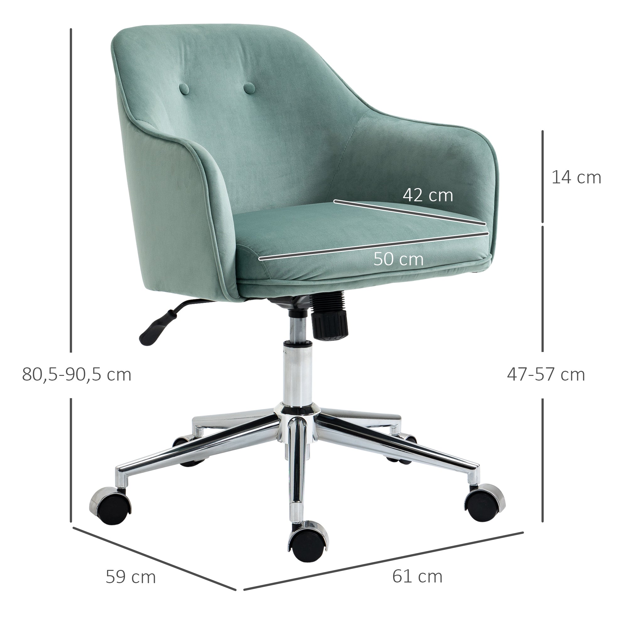 Vinsetto Schreibtischstuhl mit Knopfheftung, höhenverstellbar, Wippfunktion, Samtoptik, 61 cm x 59 cm x 90,5 cm, Türkis