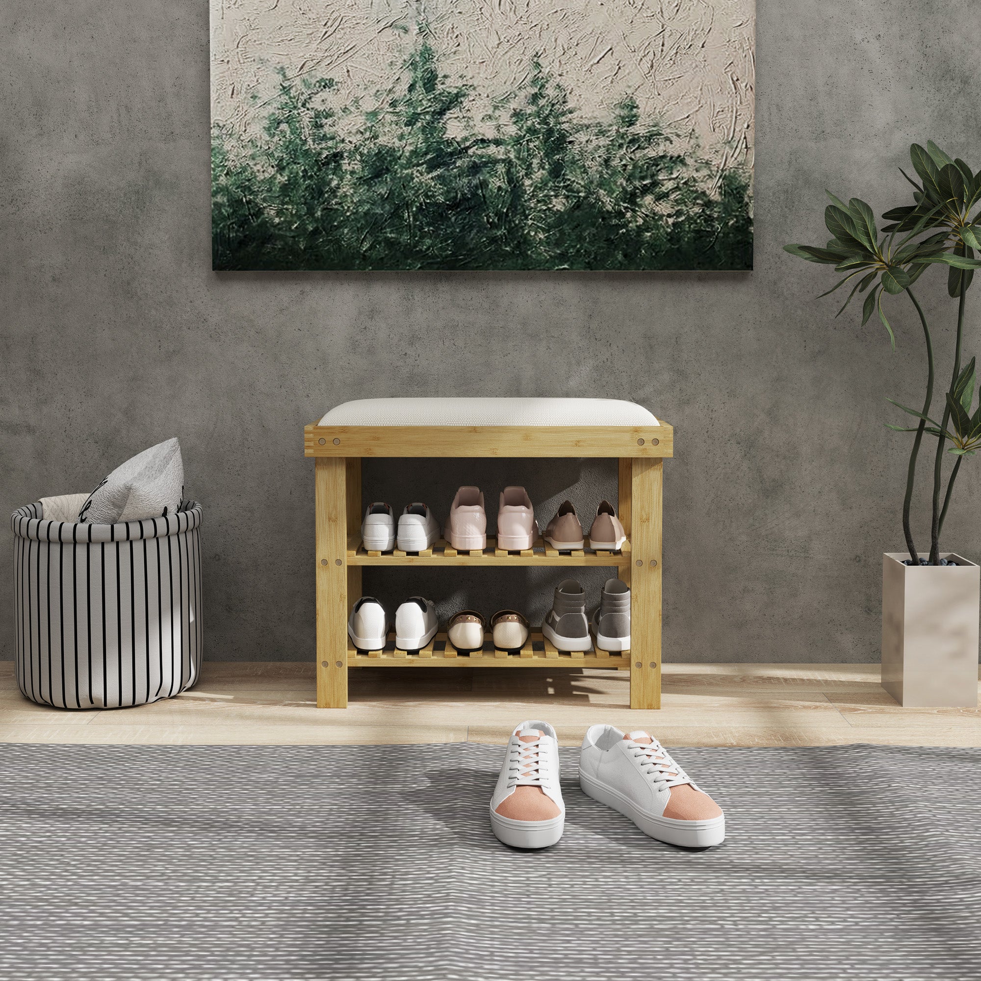 HOMCOM Schuhbank mit Sitzfläche, Bambus Sitzbank mit Stauraum, 2 offene Fächer, Sitzbank 60 x 29 x 49 cm Cremeweiß