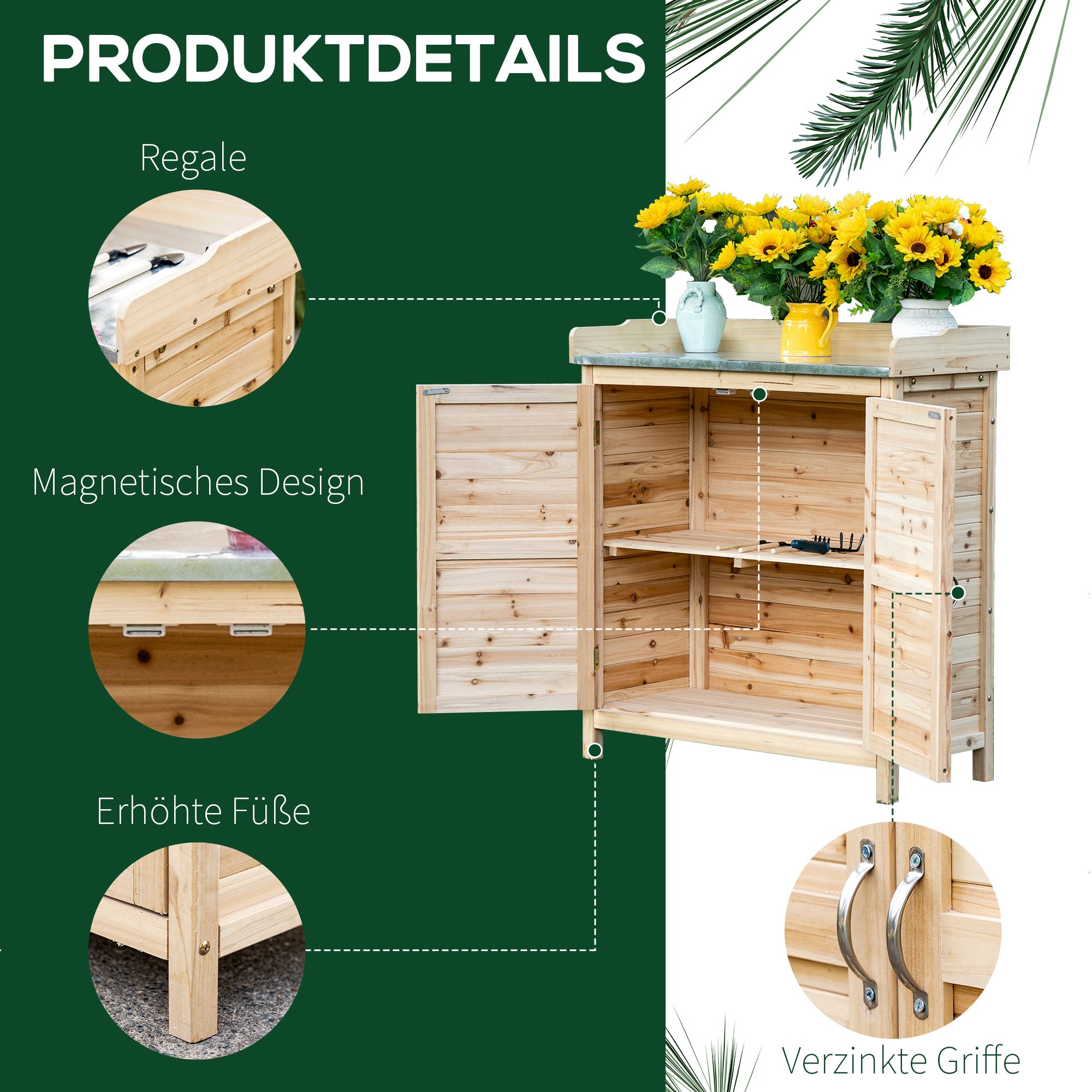 Outsunny Gartenschrank mit 2 Fächern, Metall-Arbeitsplatte mit Aufkantung, Naturholz, 83 x 40 x 92 cm