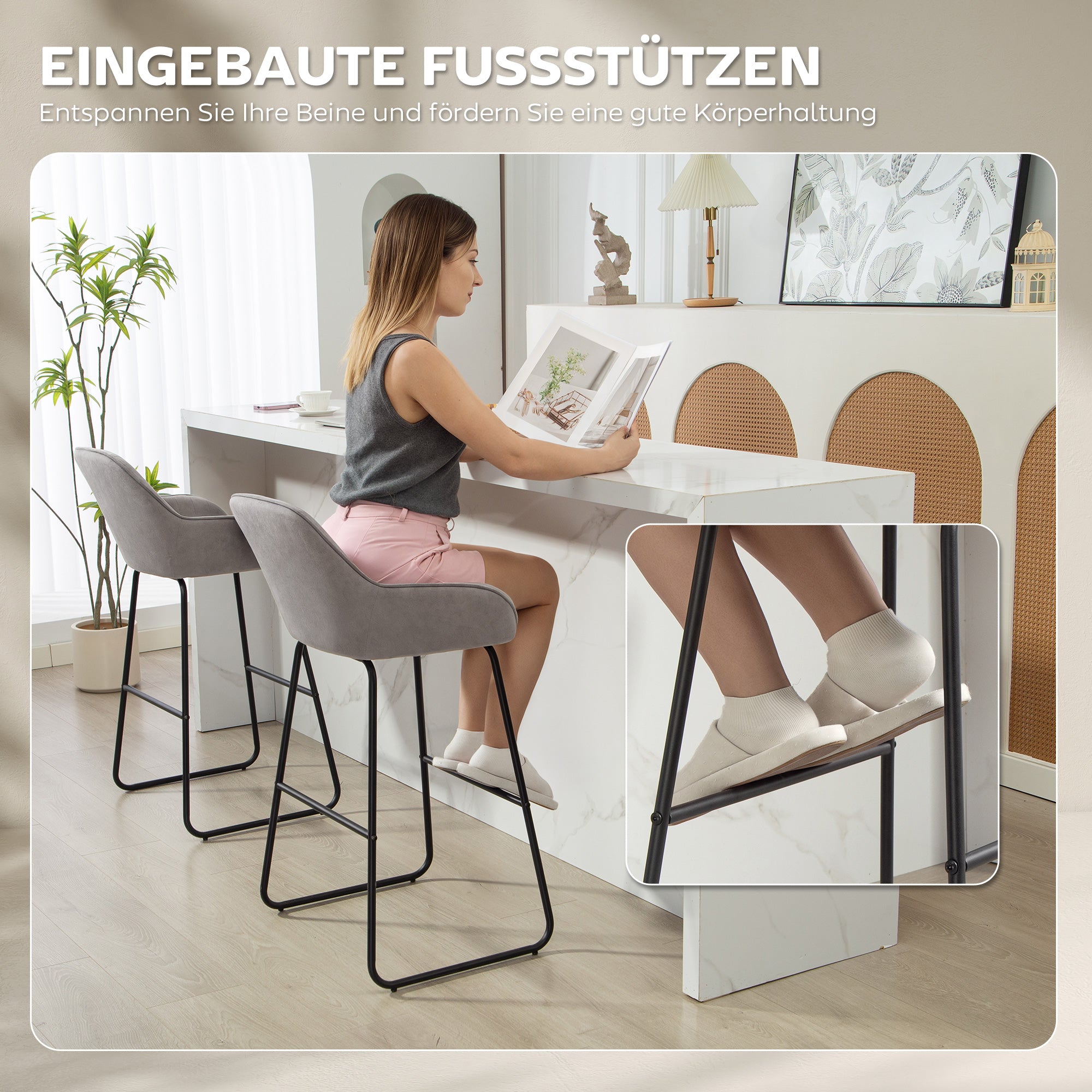 HOMCOM 2er-Set Barstühle, Barhocker mit Stoffbezug und Schaumstoffpolsterung, Polsterhocker mit Metallbeinen, Grau