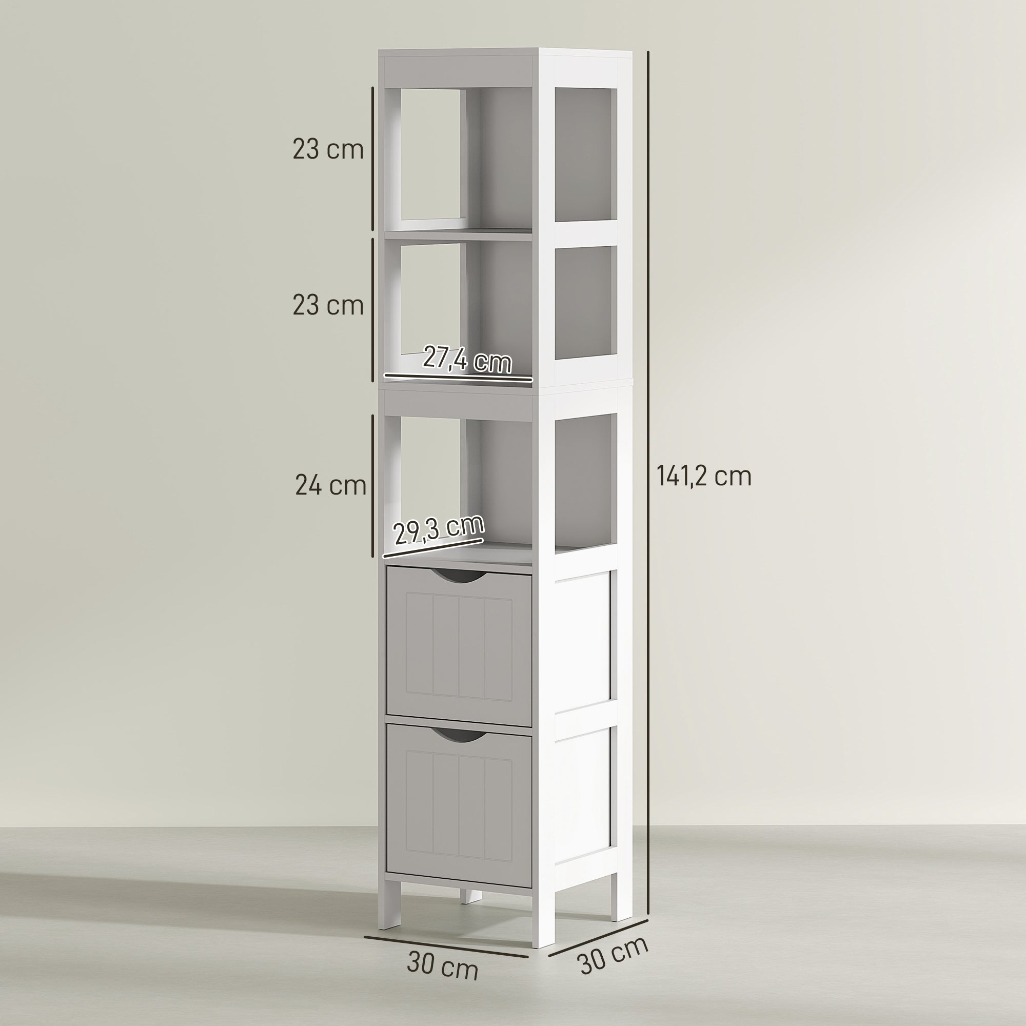 HOMCOM Badezimmerschrank, Kompaktes Badezimmerregal mit 2 Schubladen und 3 offenen Fächern, Freistehendes Badregal, MDF, Weiß