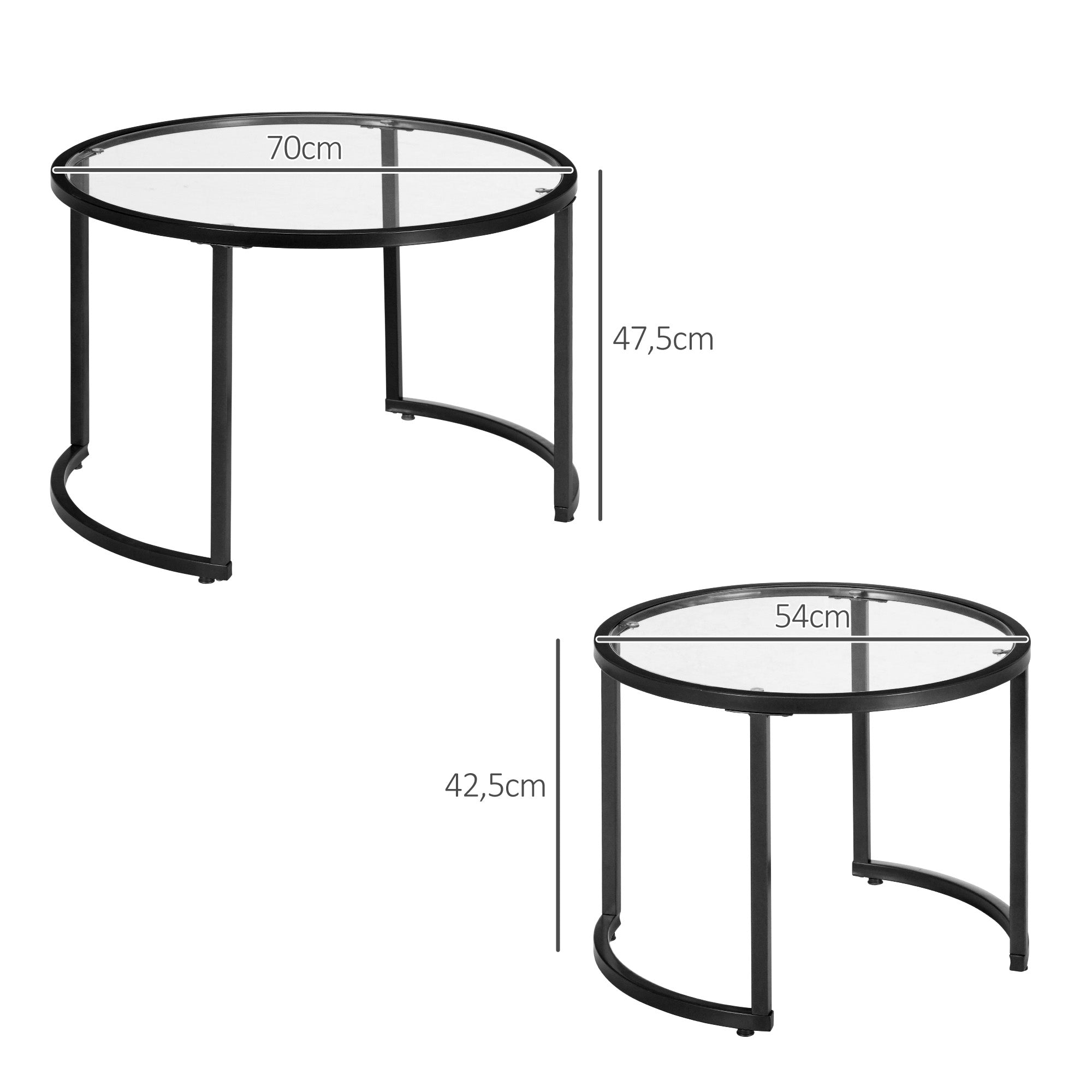 HOMCOM 2er-Set Beistelltische Couchtische Industrie-Design, Glastische, stapelbar, Schwarz + Transparent