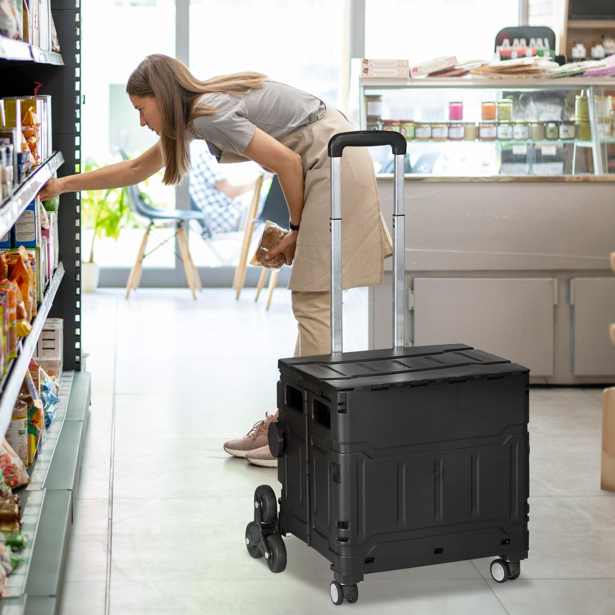 HOMCOM Einkaufswagen Einkaufstrolley, Treppensteiger,  klappbar, Teleskopgriff, bis max. 65 Kilo belastbar, Schwarz