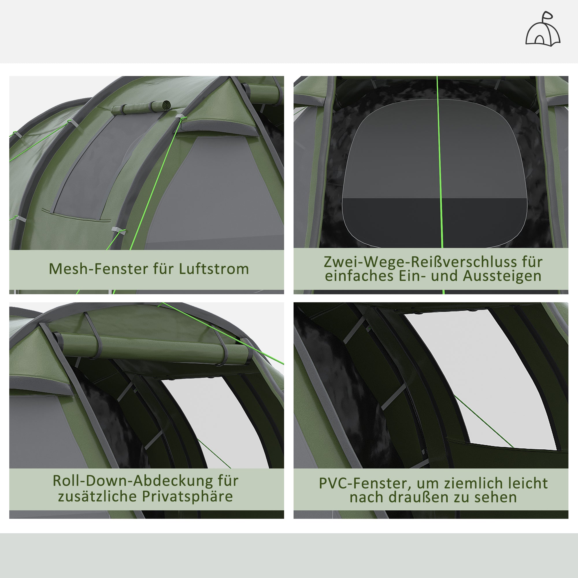Outsunny Campingzelt für 3-4 Personen, zwei Innenräume, Netzfenster, grün, 4,75 x 2,64 x 1,72 m