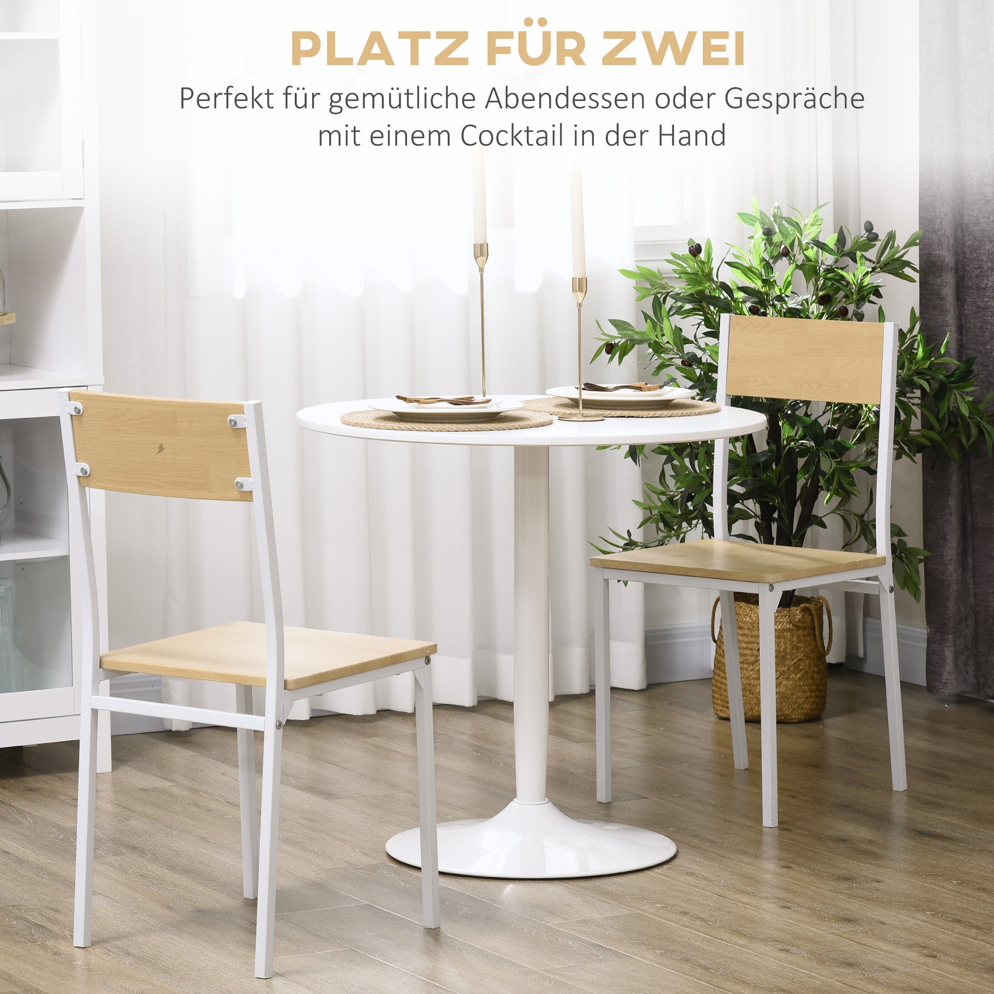 HOMCOM Esstisch für 2 Personen, runde Tischplatte Ø80 cm, MDF und Stahl, rutschfest, Weiß, 75H cm