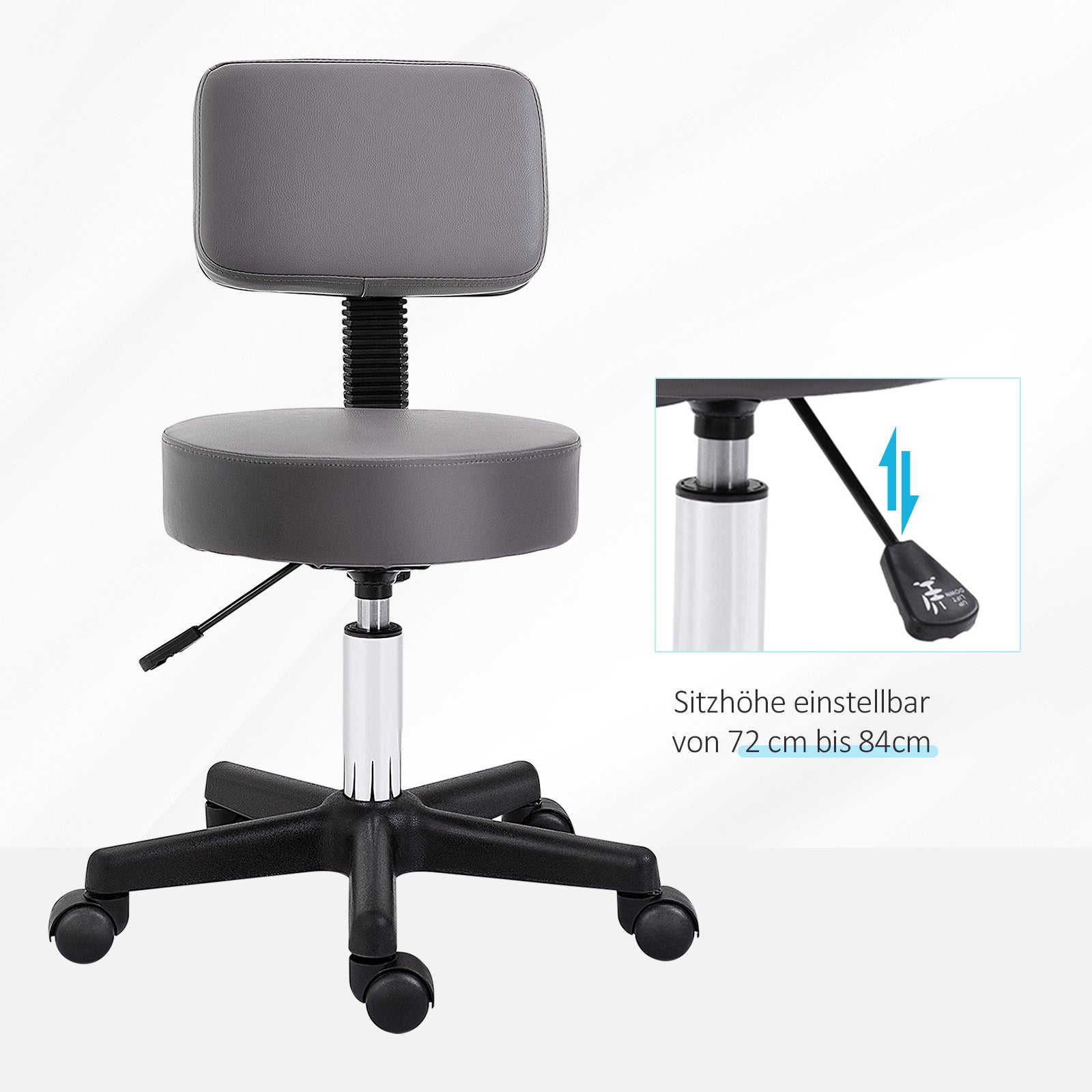 HOMCOM Salonhocker, höhenverstellbar, ergonomisch, 360° drehbar, 5 Rollen, synthetischer Bezug, Grau