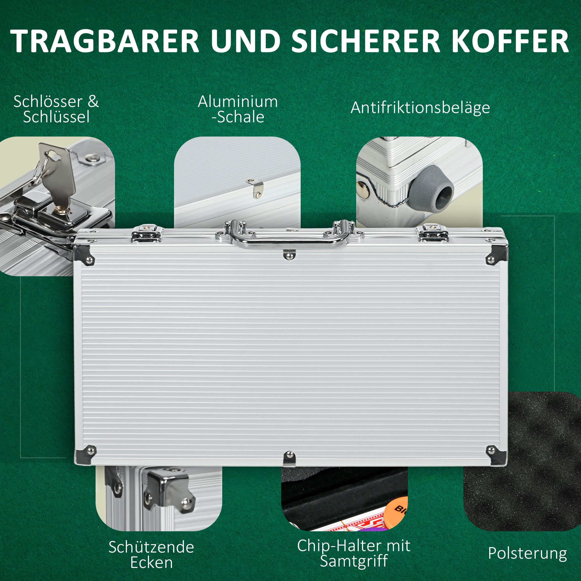 SPORTNOW Casinozubehör und Chips Pokerset mit Chips Pokerchip-Koffer, inkl. Unterlage, Set mit 300 Chips, 2 Kartenspielen, 5 Würfeln