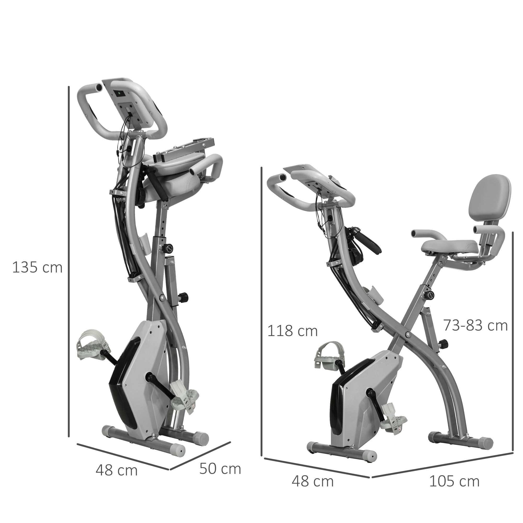 HOMCOM Heimtrainer X-Bike 2-in-1 Fahrradtrainer mit LCD-Display,Pulsmesser, klappbarer Hometrainer Trimmrad mit 8 stufig Magnetwiderstand, 1 Paar Spannseil, Stahl Grau 105x48x118 cm