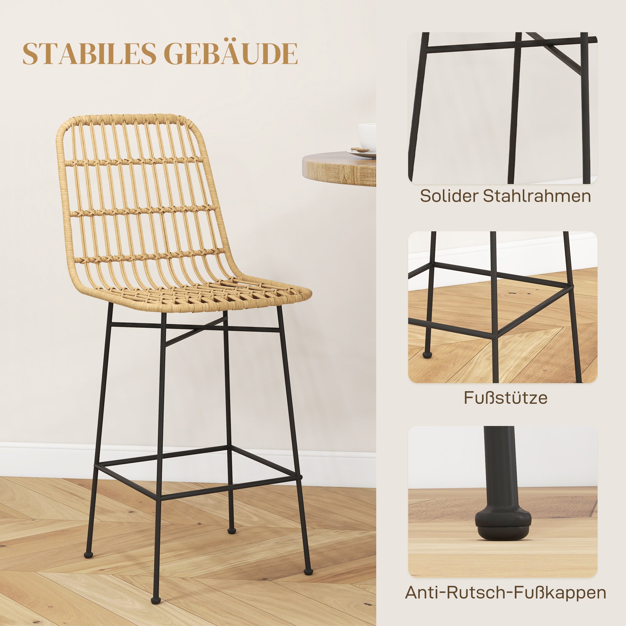 HOMCOM Barhocker Barstuhl, Boho-Stil, PE-Rattan, 45 x 53,5  x 105 cm, Natur + Schwarz
