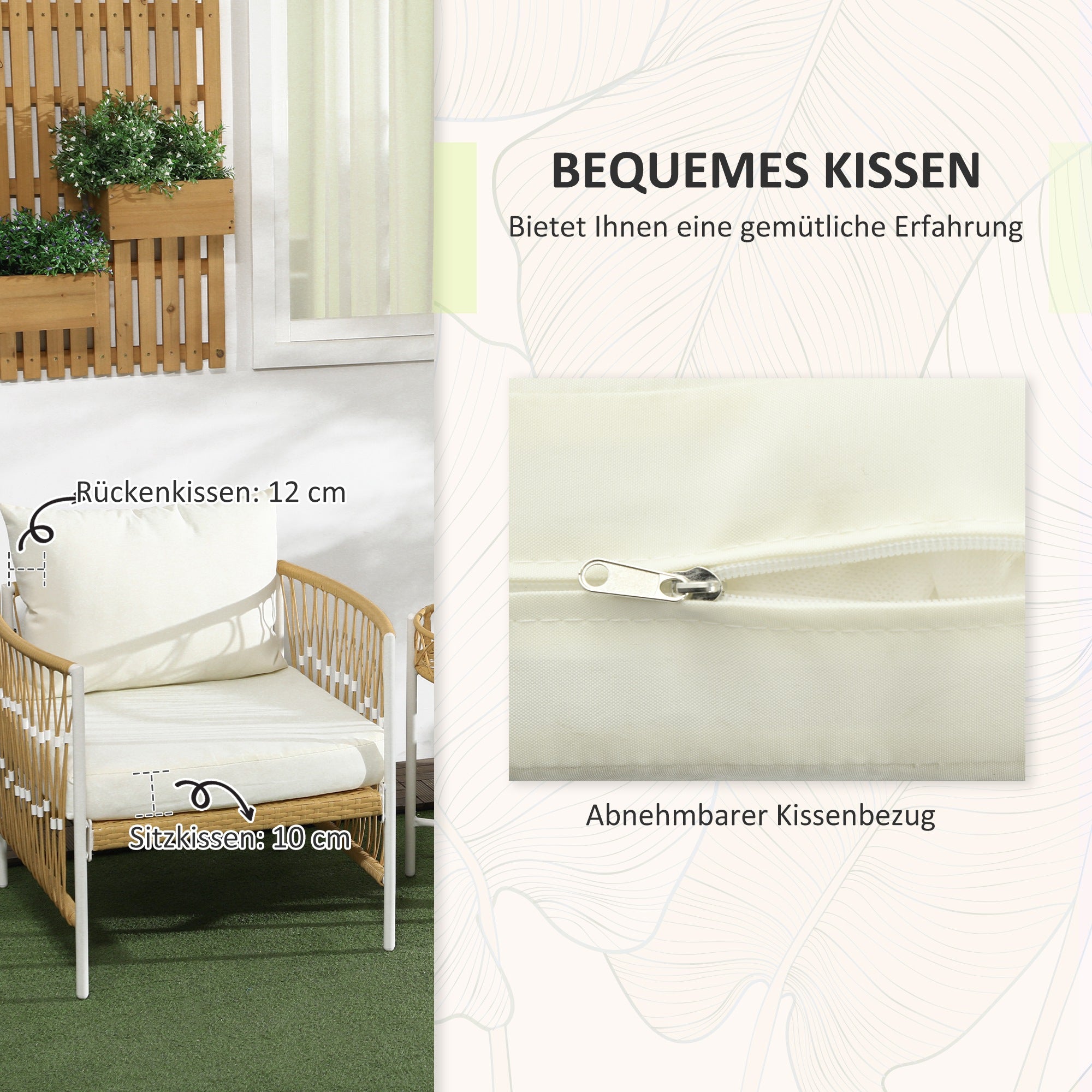 Outsunny 3-teiliges Bistro-Set Gartenmöbel-Set Gartensitzgruppe, PE-Rattan, 72 cm x 66 cm x 64 cm, Gelb+Creme