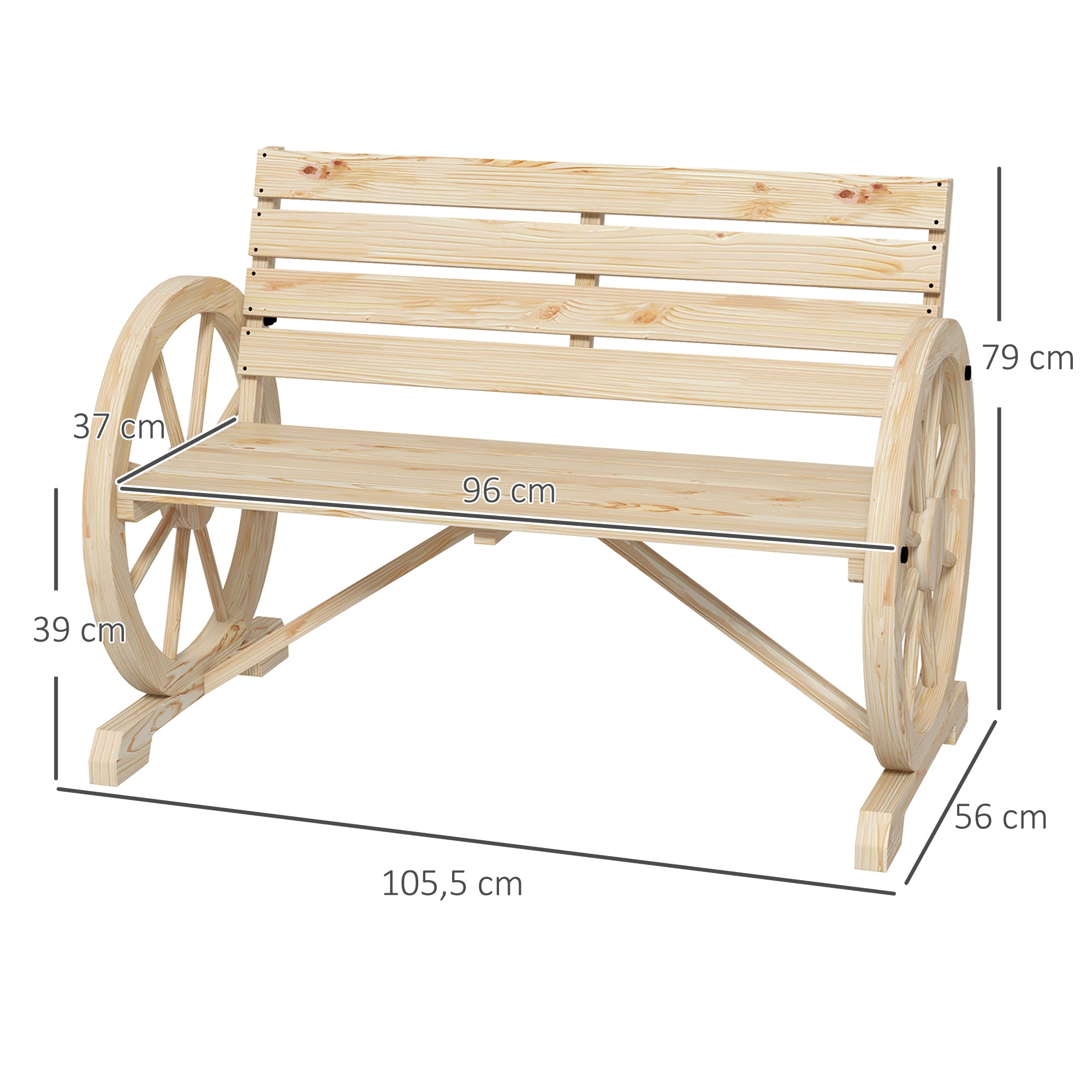 Outsunny Gartenbank, Wagenrad-Design, für 2 Personen, Naturholz, dunkelbraun, 105,5 x 56 x 79 cm, Natur