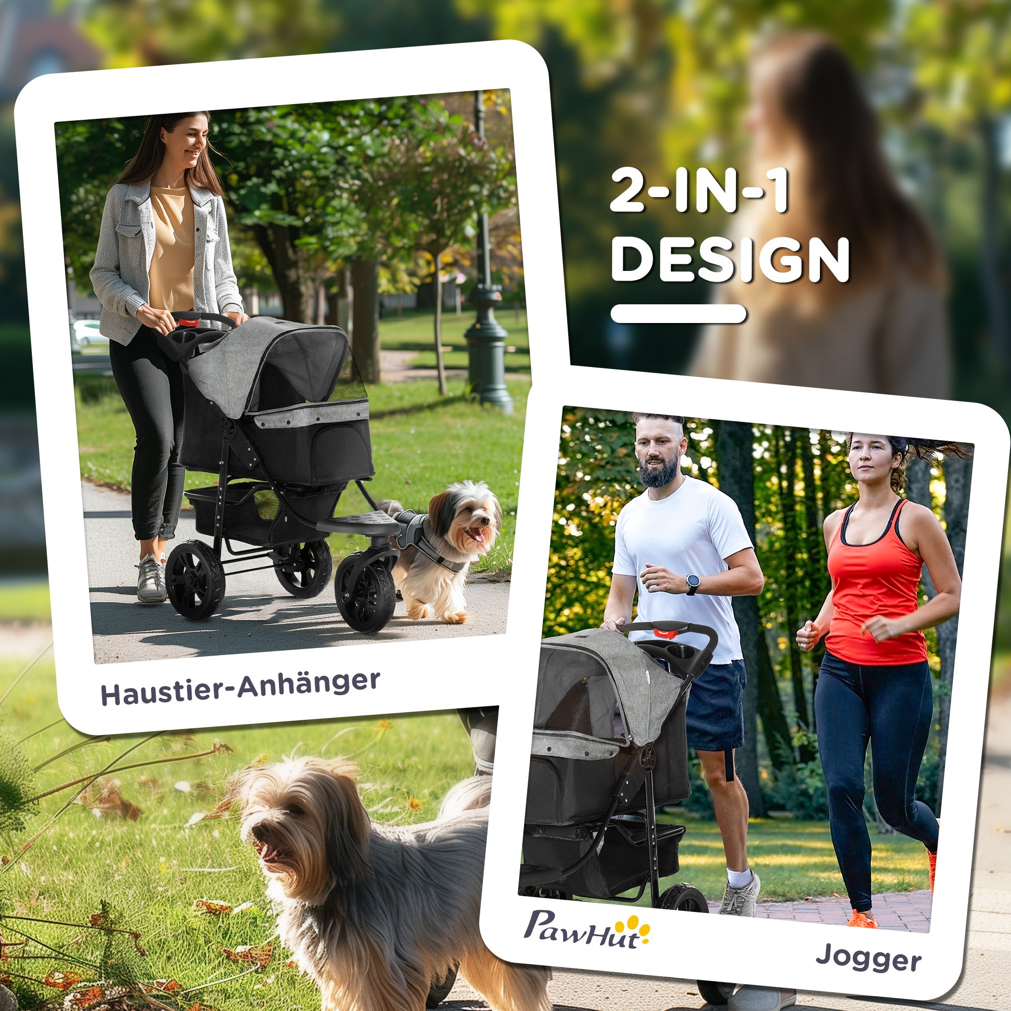 PawHut Hundewagen Hundebuggy Katzenbuggy Pet Stroller mit 3 Rädern klappbar Hunde Katze Oxford Grau+Schwarz 109,5 x 57,5 x 106,5 cm