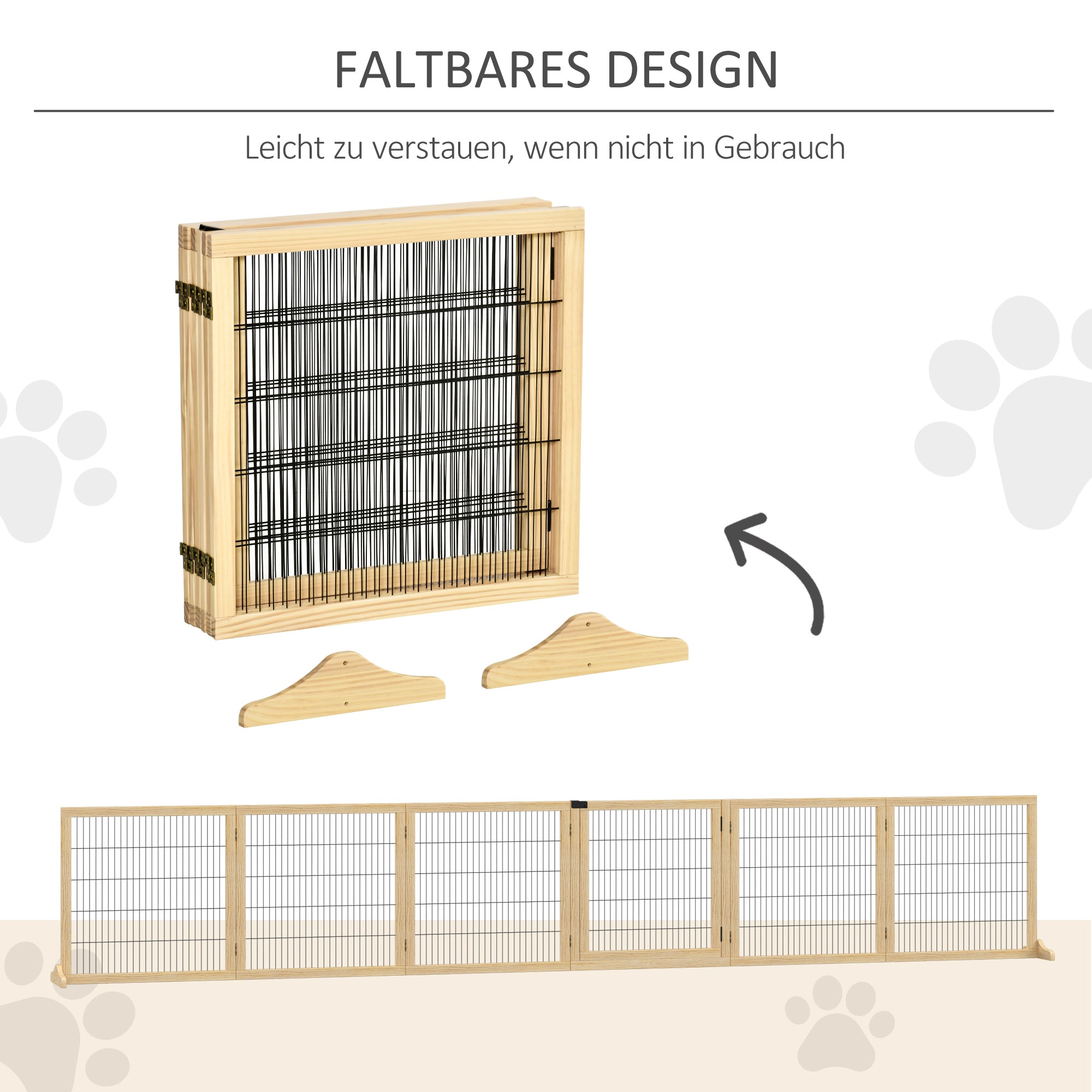 PawHut Haustiergitter Absperrgitter für Hunde, Kiefernholz, klappbar 432 x 36 x 70c m, Natur