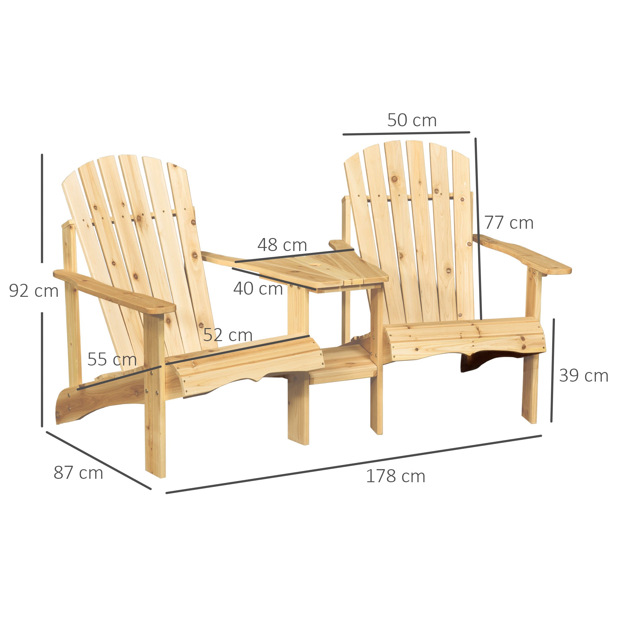 Outsunny Adirondack Gartenstuhl mit Tisch und Schirmloch 2 Sitzer Gartensessel Sitzgruppe Gartenmöbel für Balkon Massivholz Natur 178 x 87 x 92 cm
