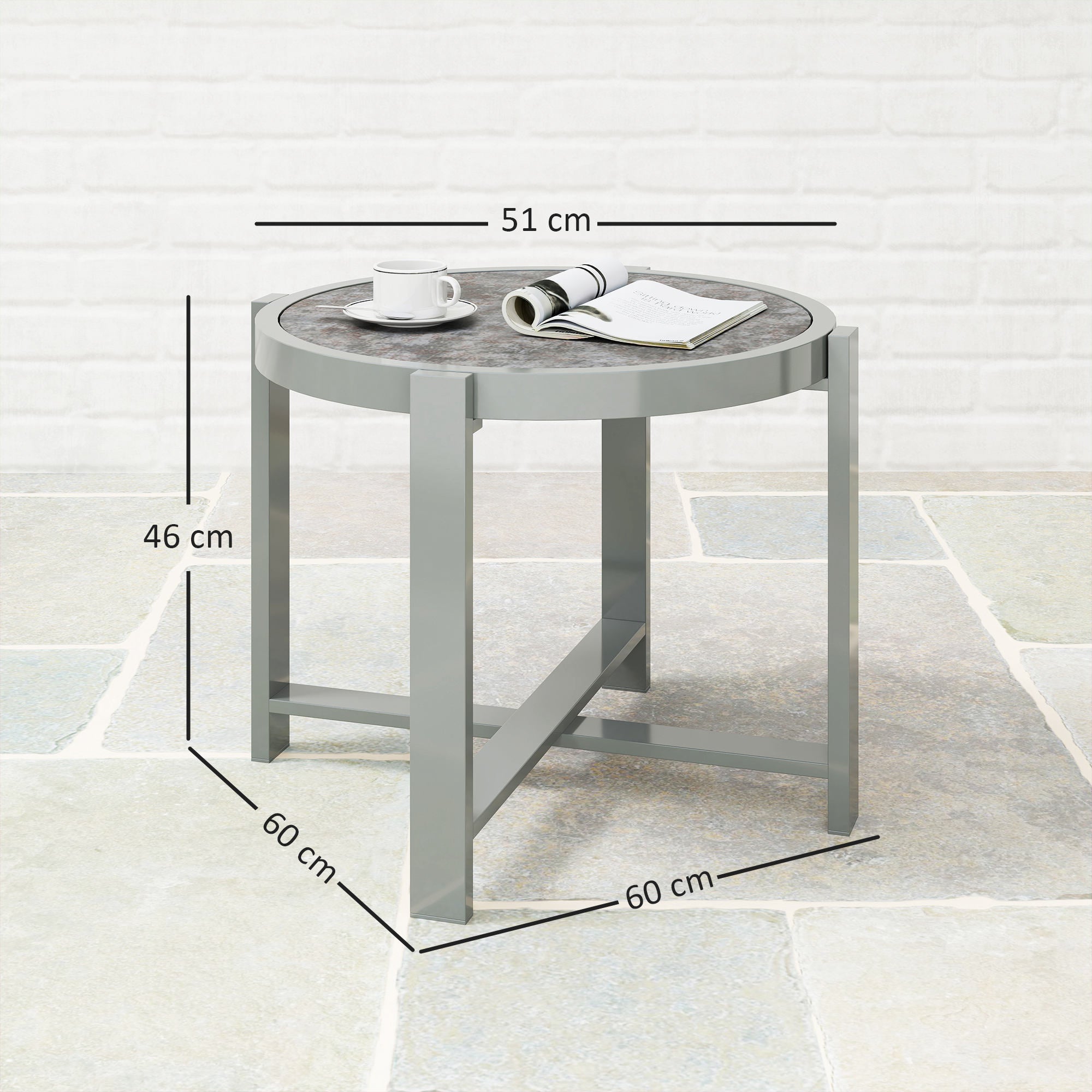 Outsunny Beistelltisch Gartentisch Rund wetterfest Aluminium Balkontisch mit Marmoroptik Grau