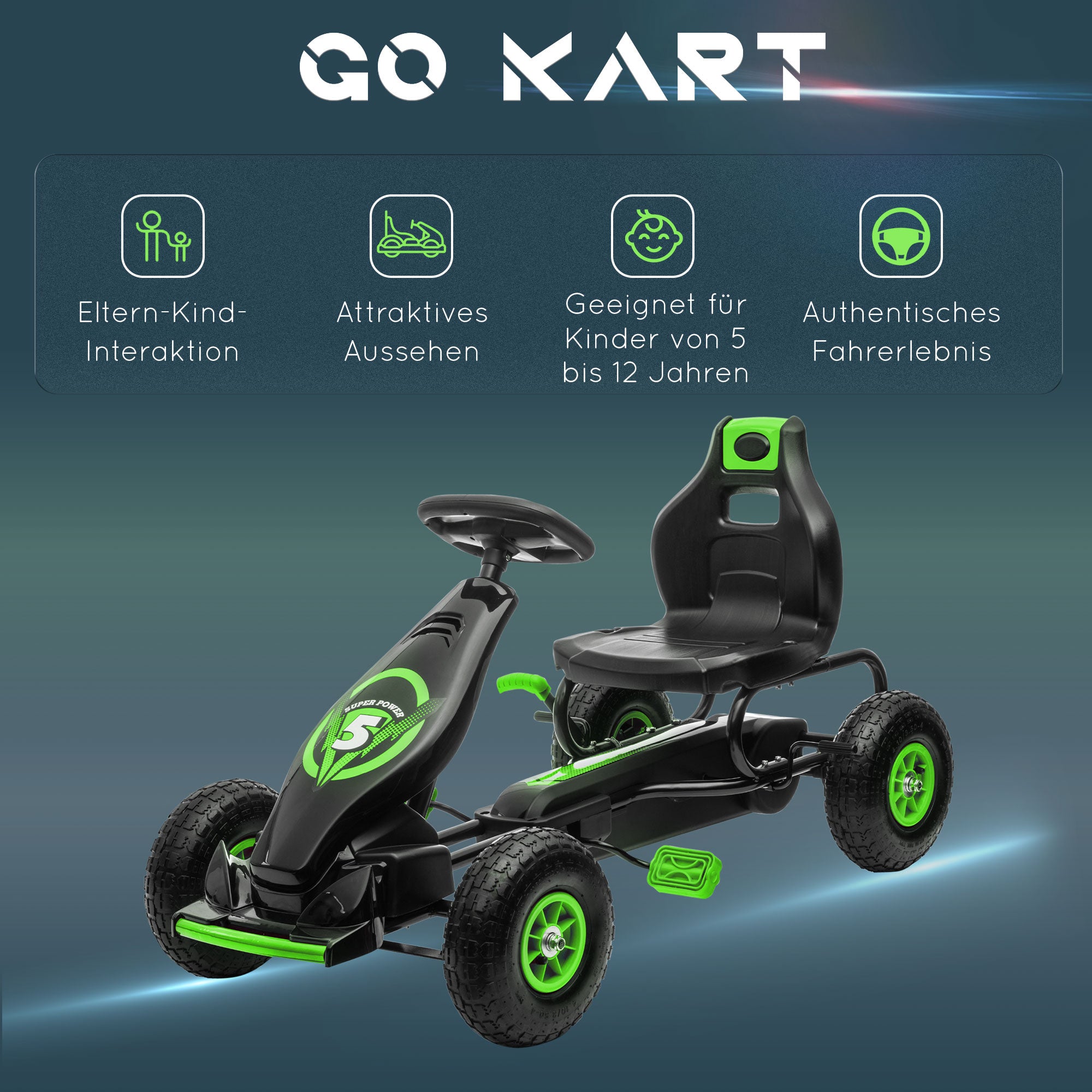 HOMCOM Kinder-Gokart, mit Pedalen, verstellbarem Sitz, In- und Outdoor, ab 5 Jahren, Grün+Schwarz, 121 x 58 x 61 cm