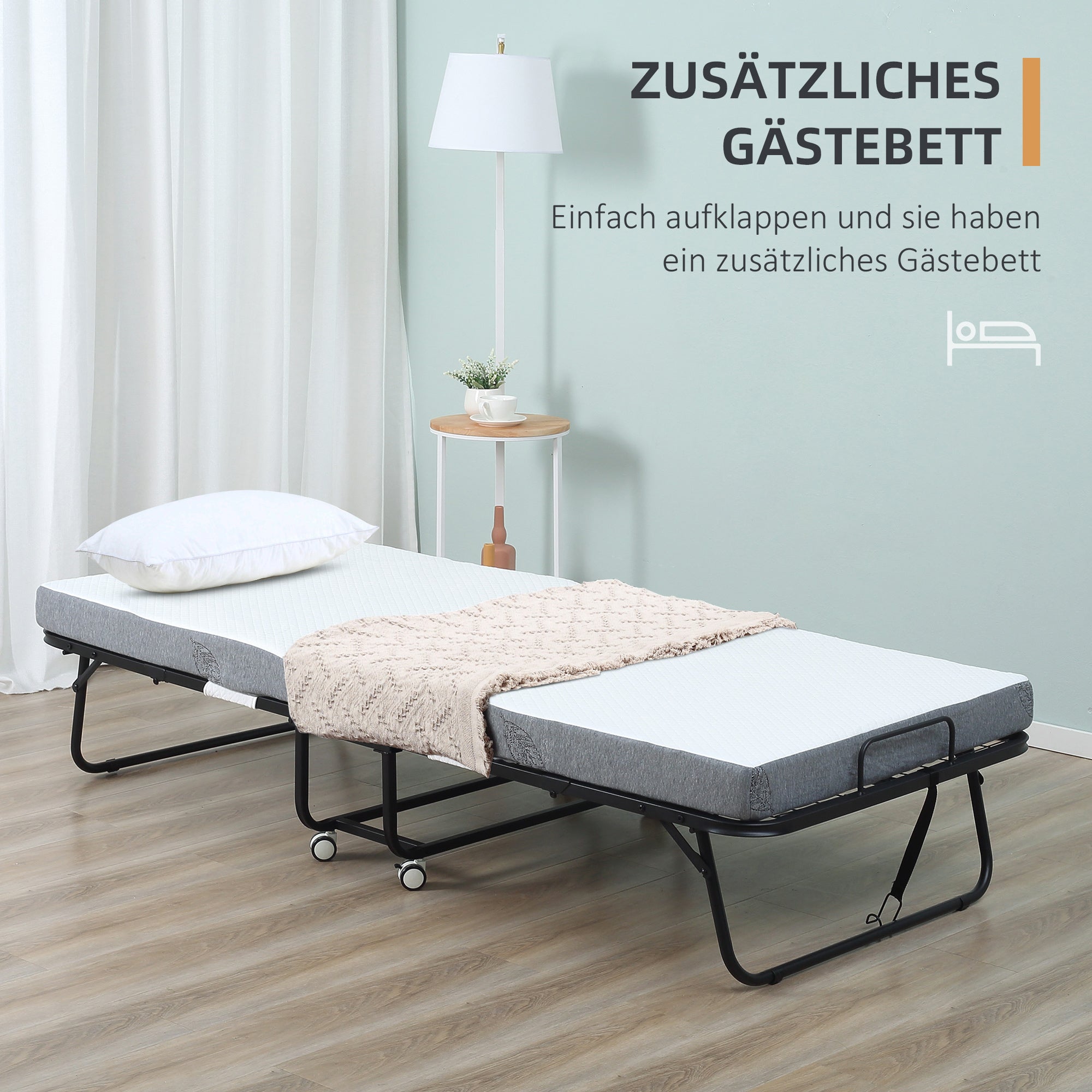 HOMCOM Gästebett Klappbett mit Rollen Stahl+Schaumstoff Weiß+Schwarz 200 x 80 x 42,5 cm