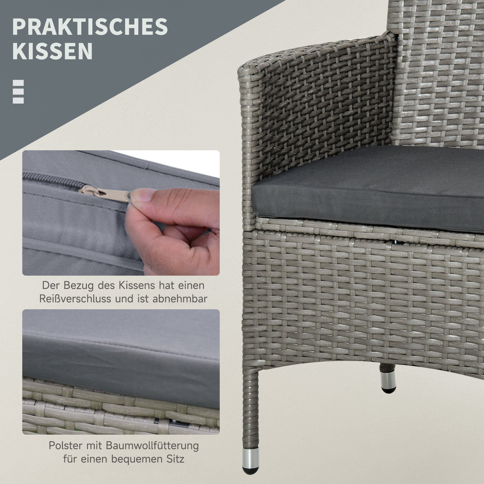 Outsunny Polyrattan Gartenmöbel Set, Outdoor Lounge Balkonmöbel für 2 Personen, 3-teilig Sitzgruppe, 2 Stühle, Tisch Sitzkissen, Gartenlounge für Garten, Terrasse, Balkon, Grau