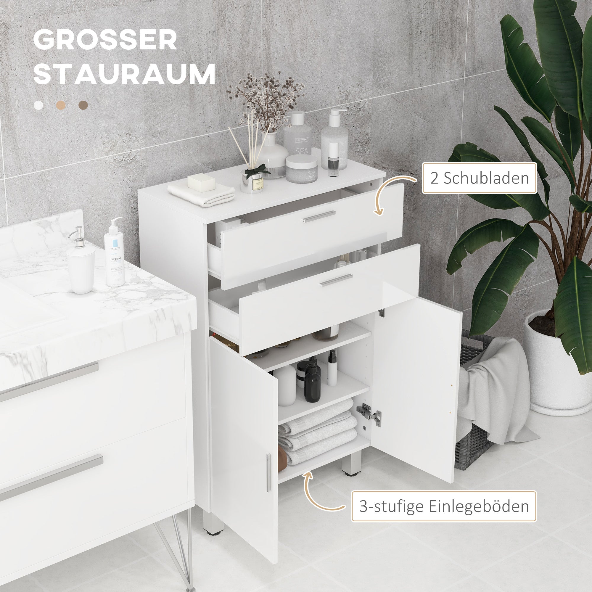 kleankin Badezimmerschrank, Badkommode, 2 Schubladen, verstellbares Regal, Holz, Weiß