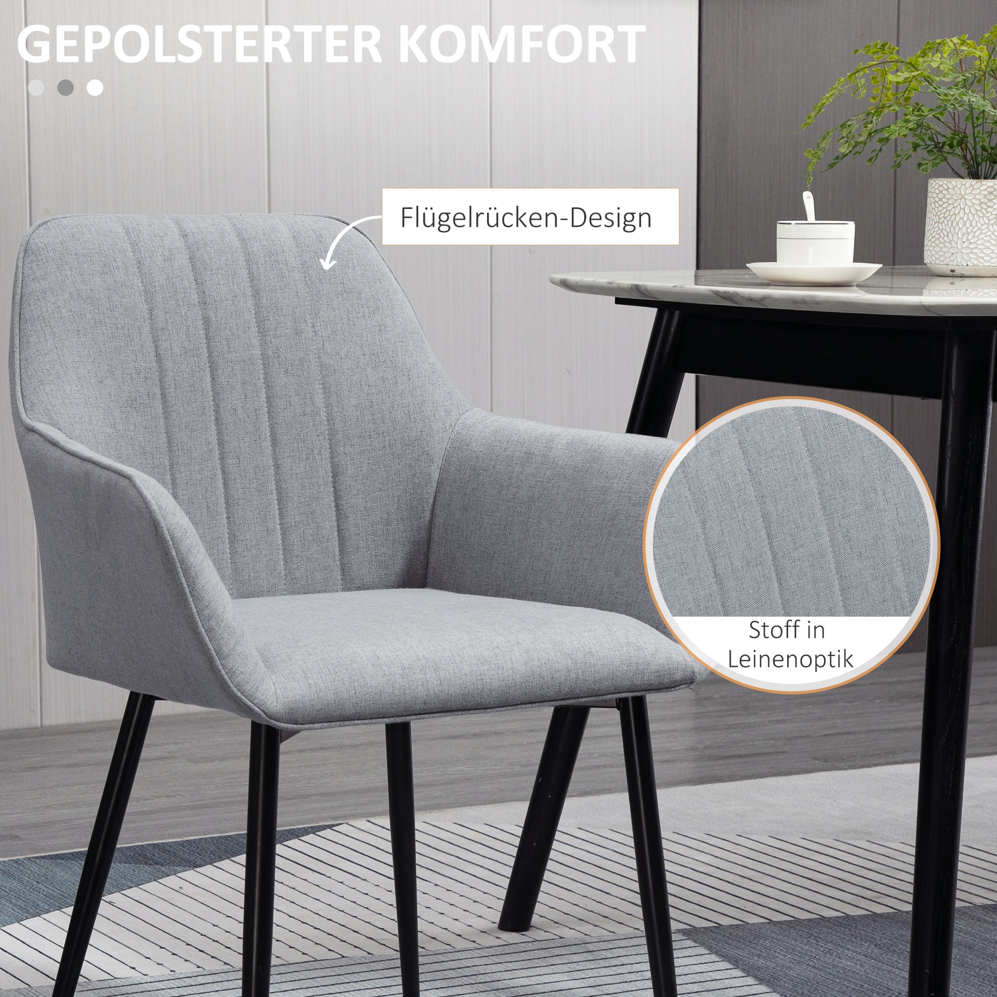 HOMCOM 2er Set Esszimmerstühle Essstühle Polsterstuhl mit atmungsaktivem Leinenbezug Wohnzimmerstuhl Sessel Küchenstuhl mit Rückenlehne Armlehne Leinen Hellgrau 59,5 x 56,5 x 81 cm