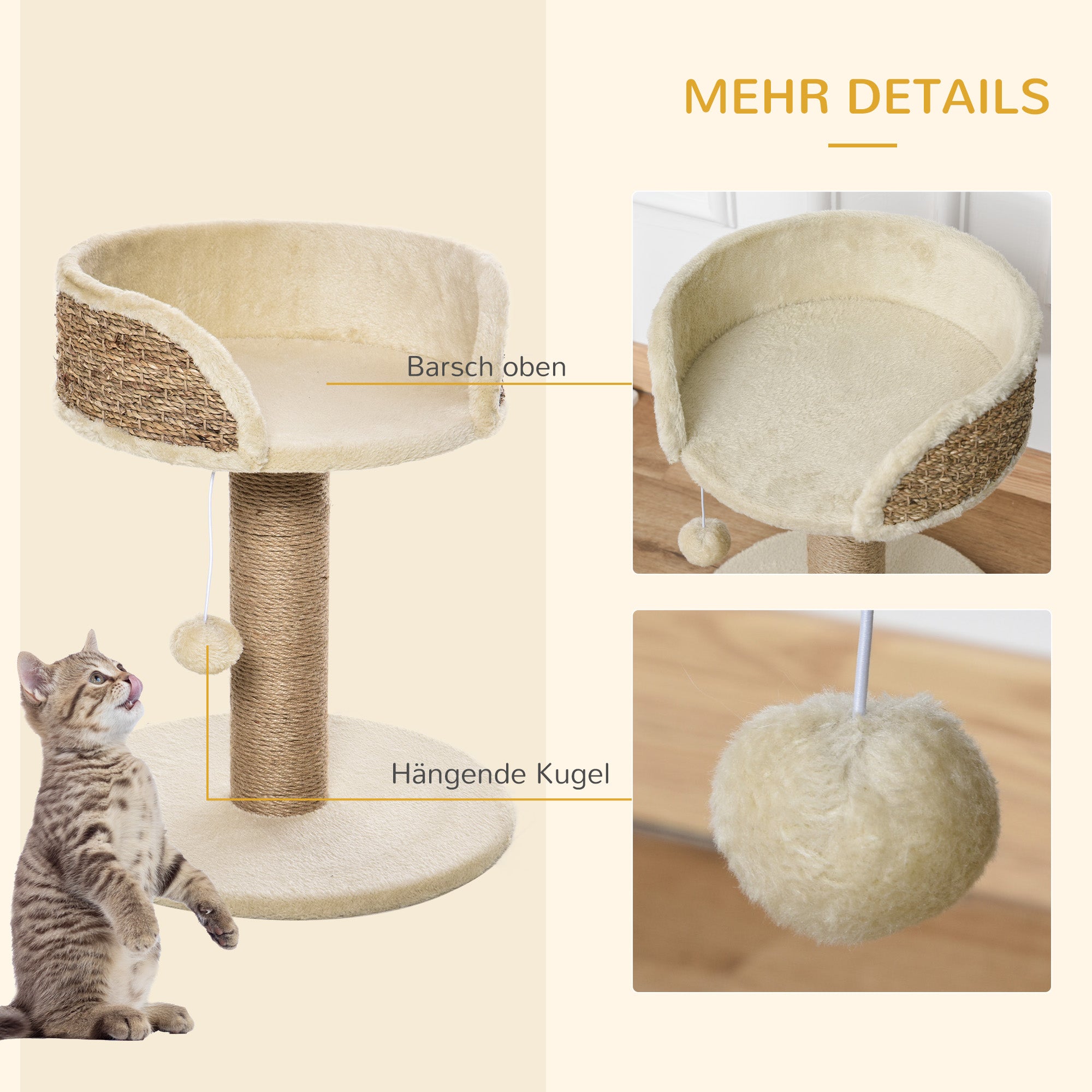 PawHut Kratzbaum Katzenbett Katzenkorb, inkl. Spielball, 40 cm x 40 cm x 49cm, Natur + Cremeweiß