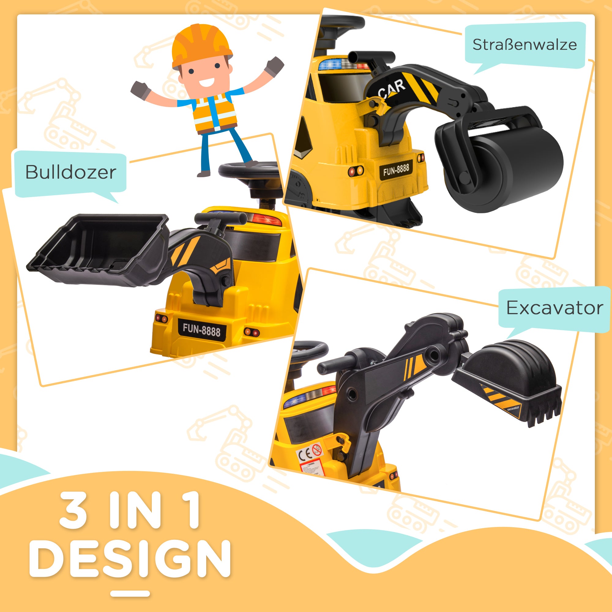 HOMCOM 3-in-1 Kinderrutscher Kinder-Bagger, Musikfunktion, Anti-Kipp-Schutz, Schwarz +Gelb