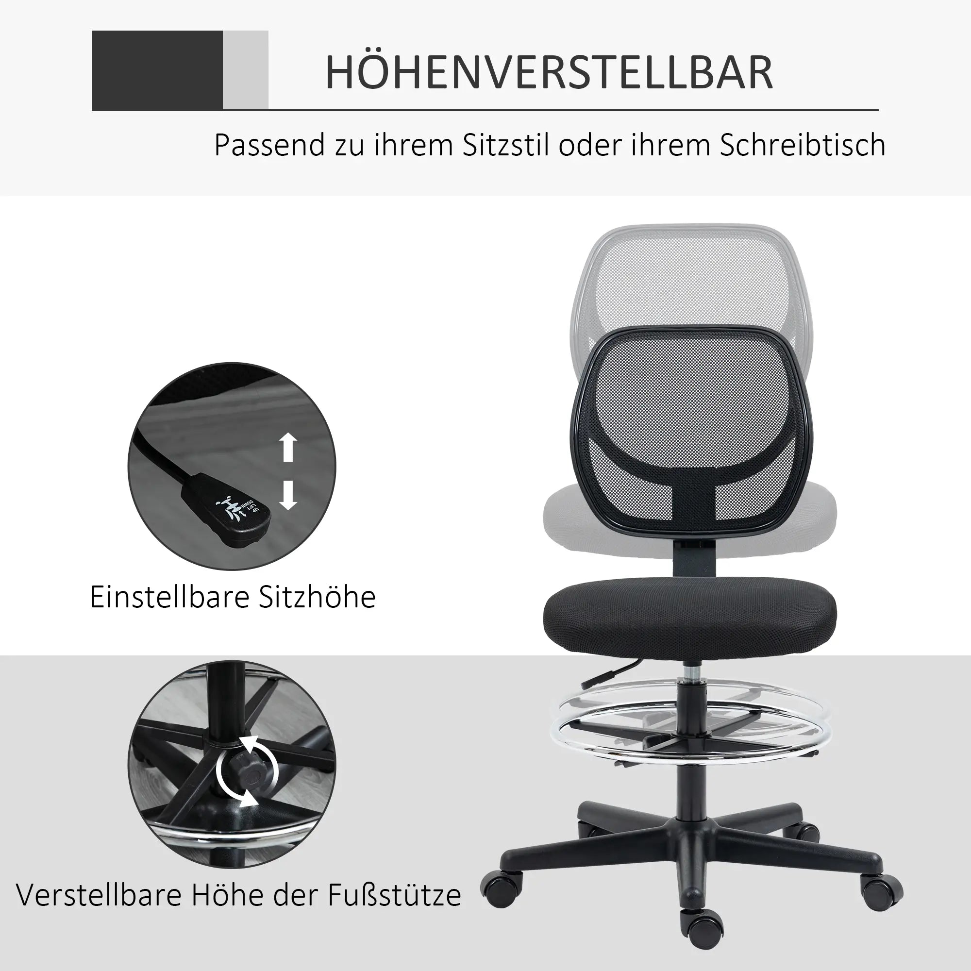 Vinsetto Bürostuhl höhenverstellbar atmungsaktiv Mesh